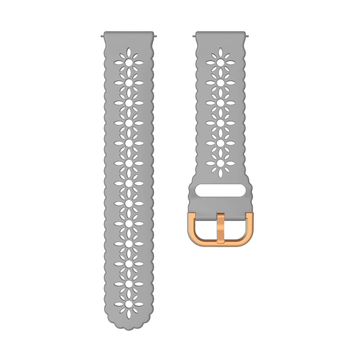 Gray silicone watch band with floral daisy cutout pattern and rose gold quick release buckle