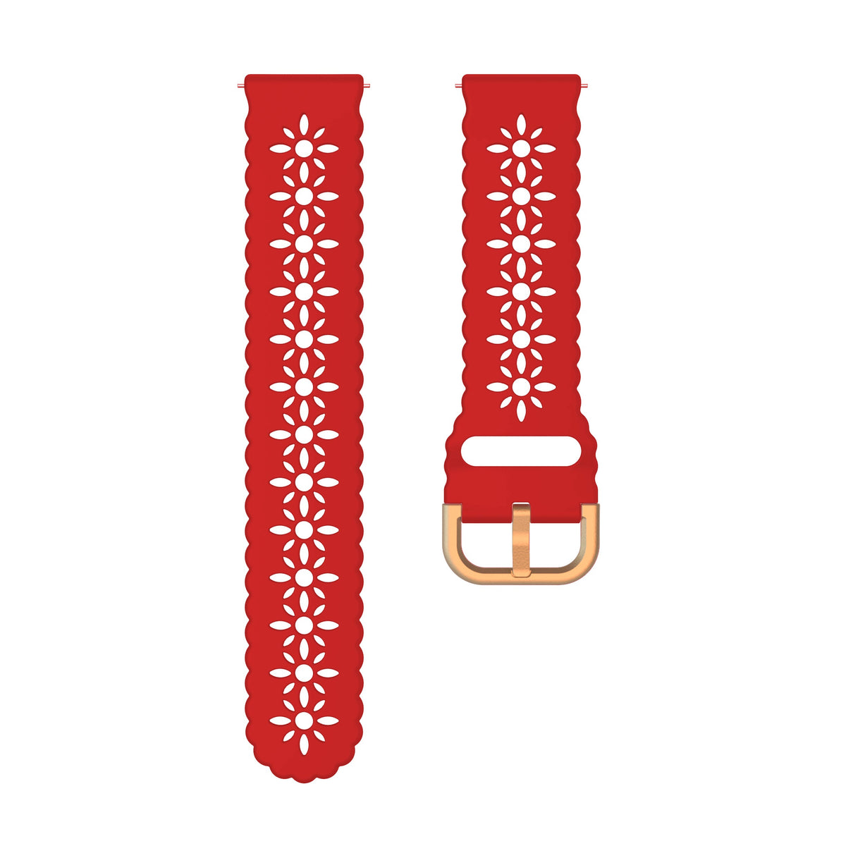 Red silicone watch band with floral cutout pattern and rose gold quick release buckle