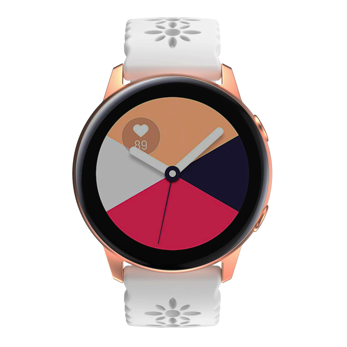 Rose gold smartwatch with white floral silicone band, colorful pie chart dial, and heart rate monitor display