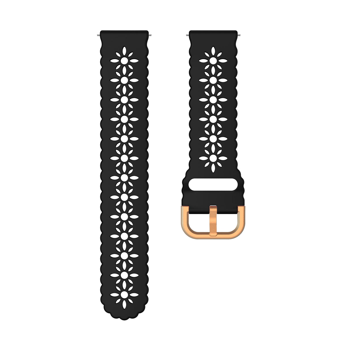 Black silicone watch band with floral daisy cutout pattern and rose gold quick release buckle