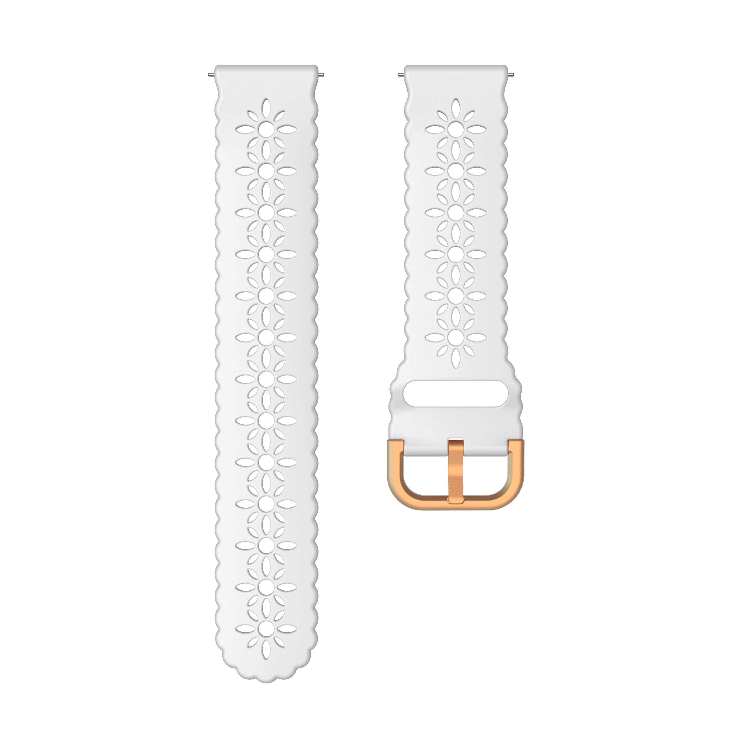 White silicone watch band with daisy flower pattern and rose gold quick release buckle