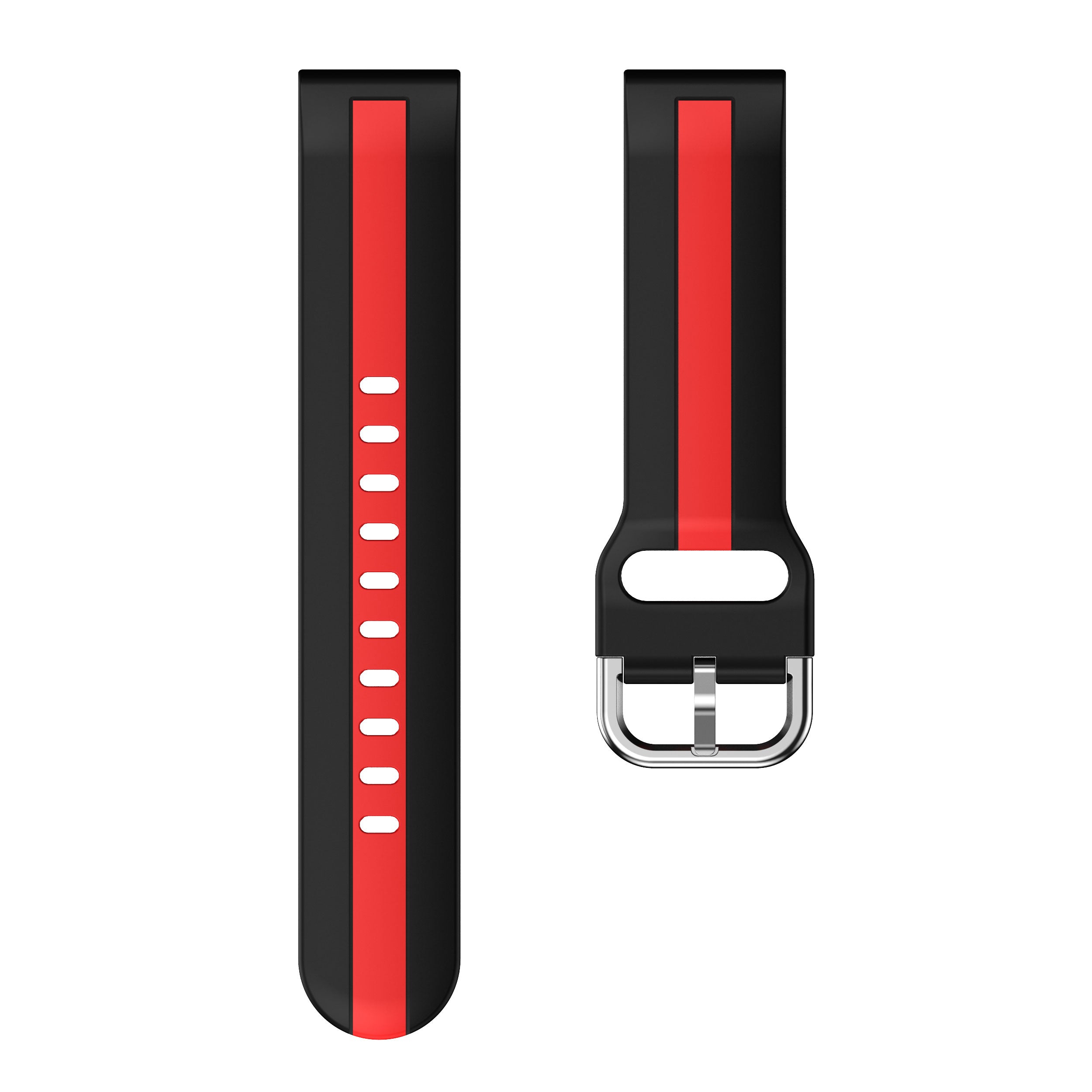 Black and red striped silicone sport watch band with quick release metal buckle clasp