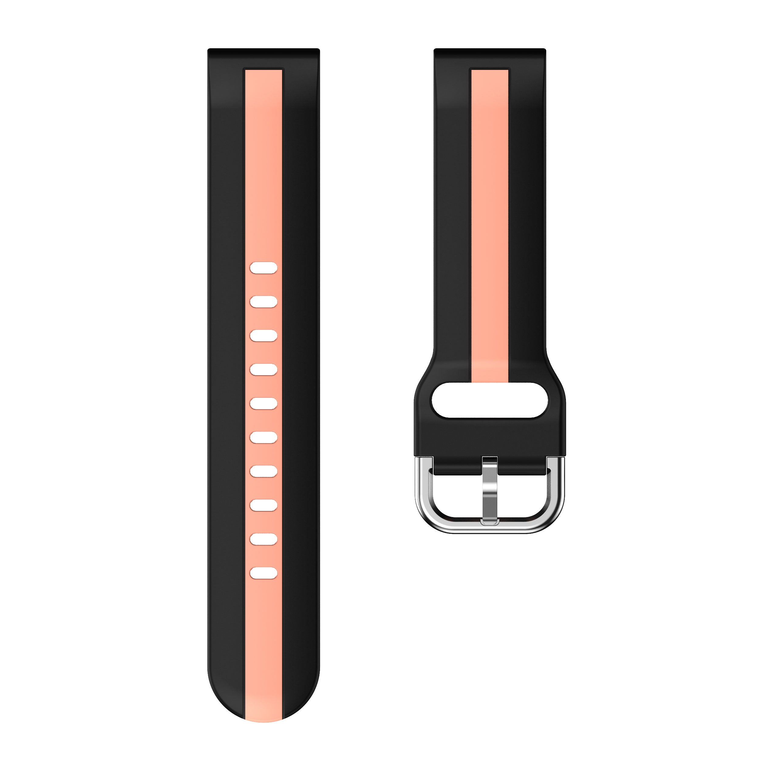 Black and coral striped silicone watch band with quick release buckle and metal clasp