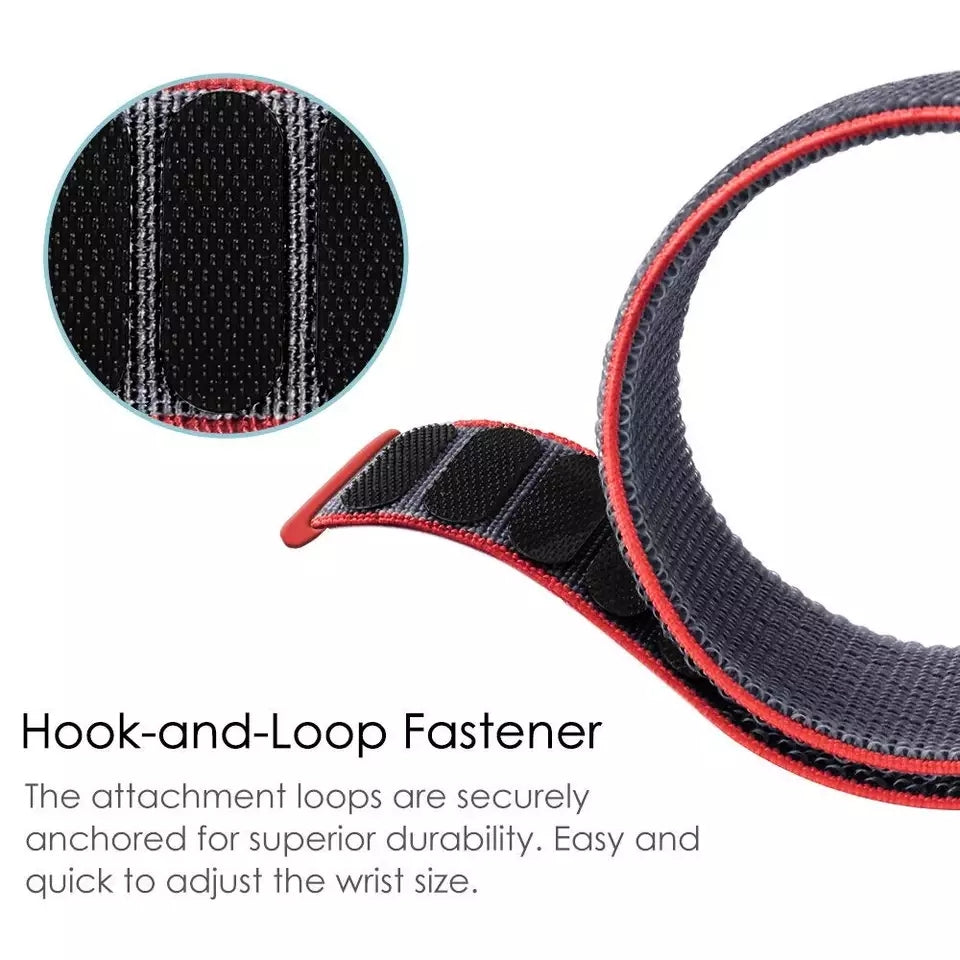 Black and red sports wristband with hook-and-loop velcro fastener and close-up detail of secure attachment texture
