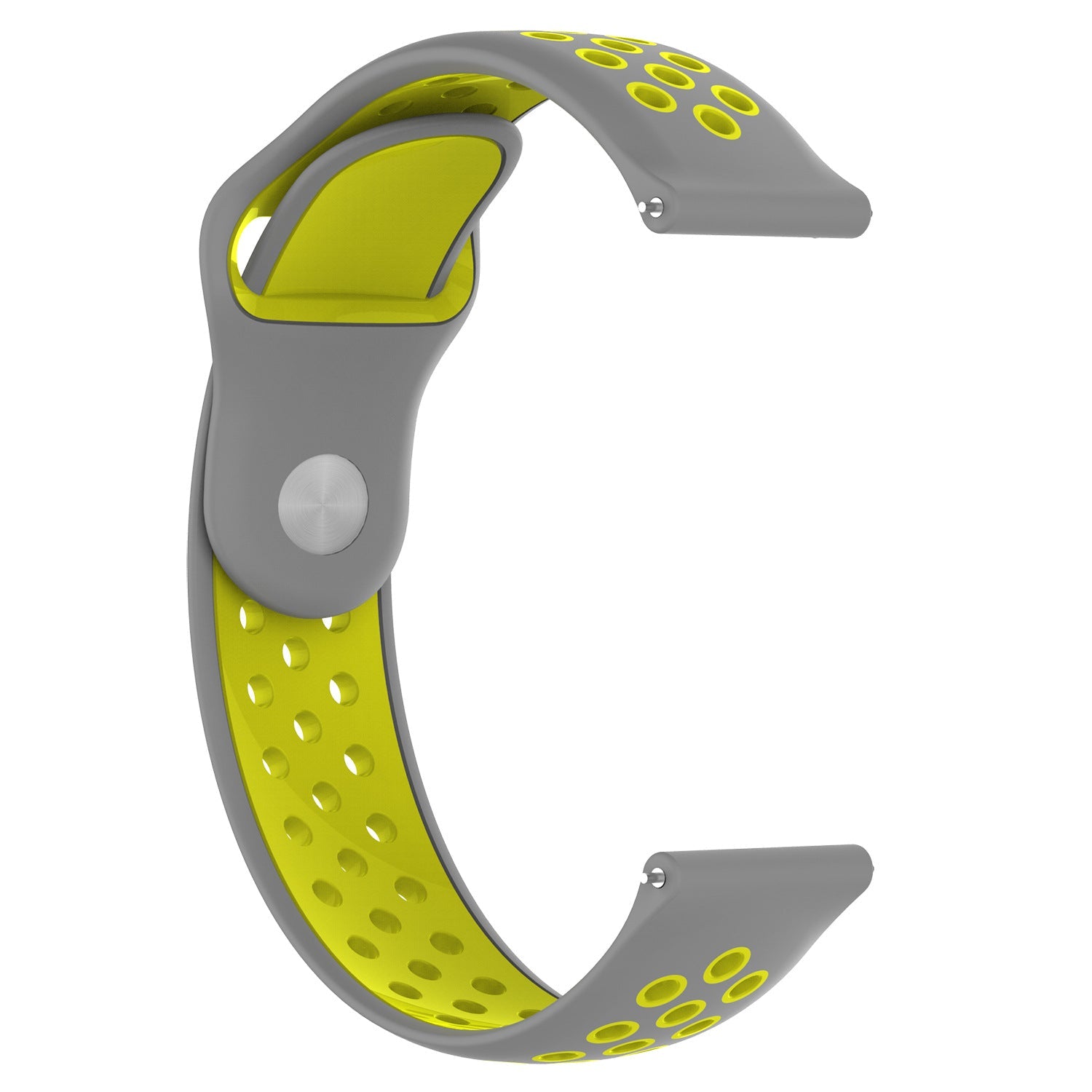 Gray and neon yellow perforated silicone sports watch band with quick release mechanism and adjustable fit