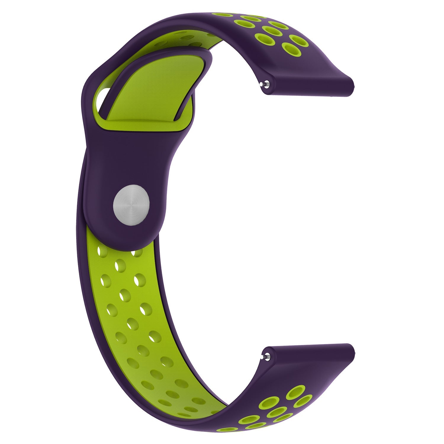 Purple and lime green silicone sport watch band with quick release connector and perforated ventilation holes