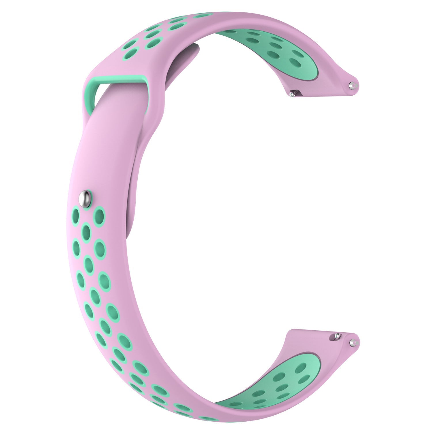Pink and green perforated silicone sport watch band with quick release pins and flexible design