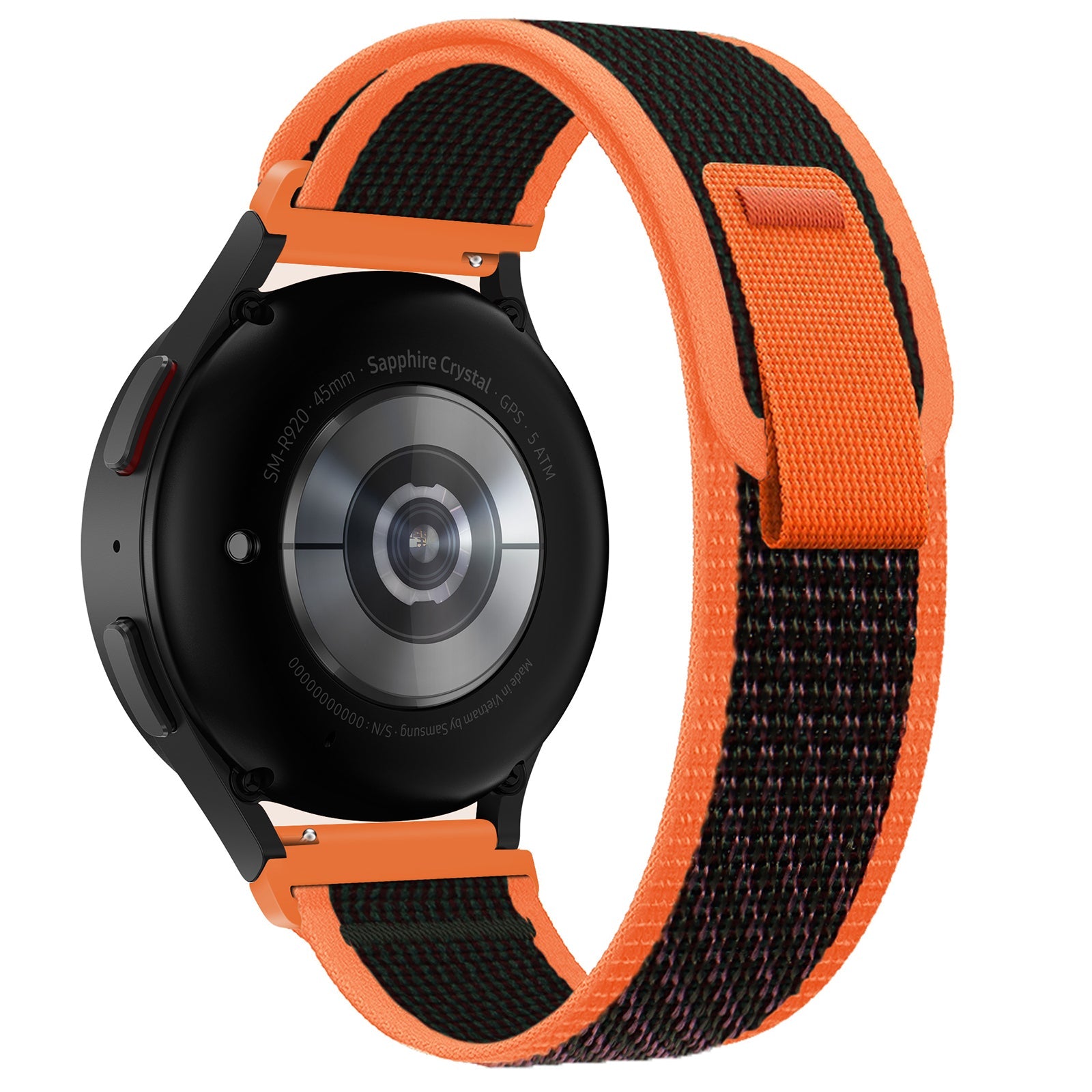 Black smartwatch with sapphire crystal display and orange fabric quick release trail loop band with black accents