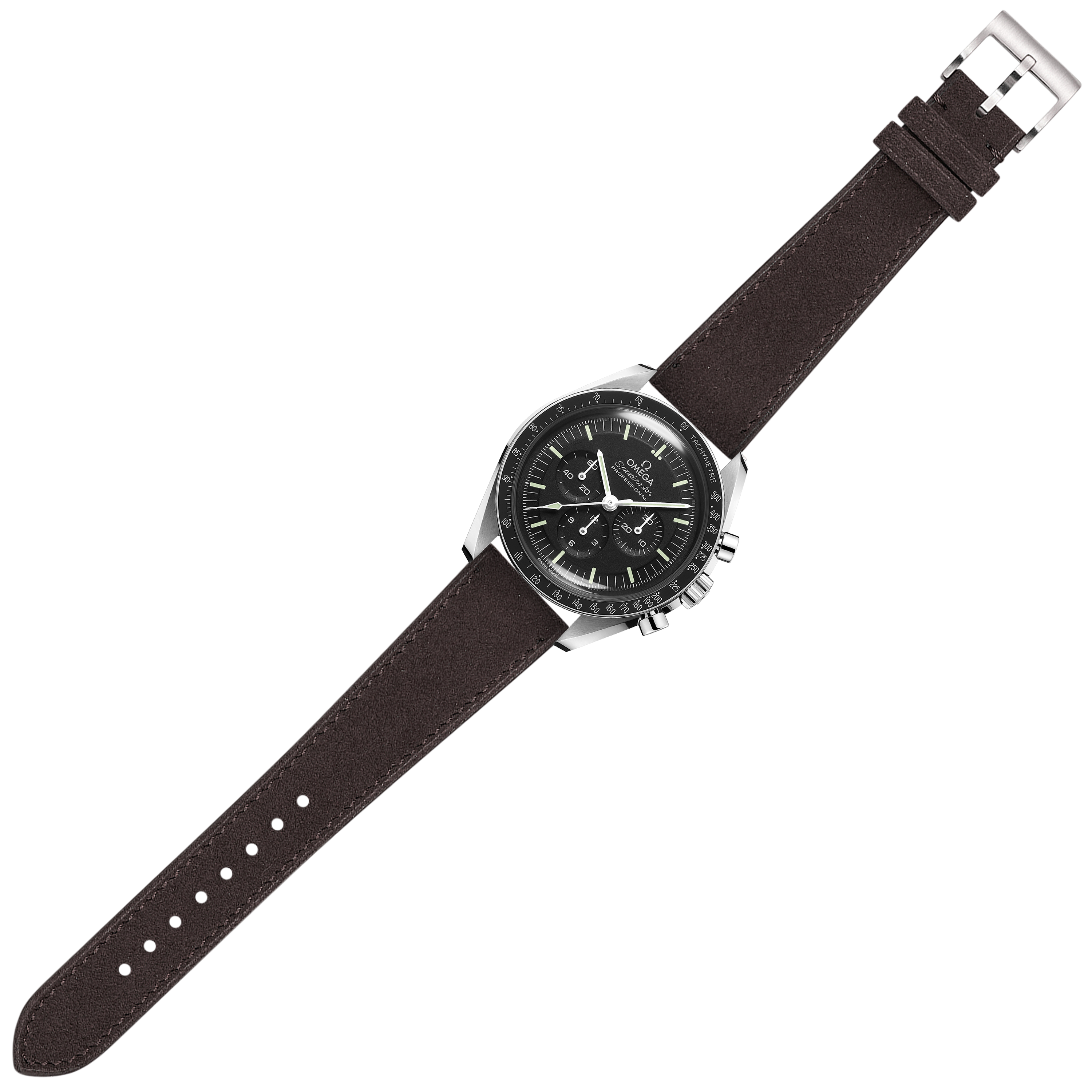 Stainless steel chronograph watch with black dial and dark brown Alcantara leather strap with quick release buckle