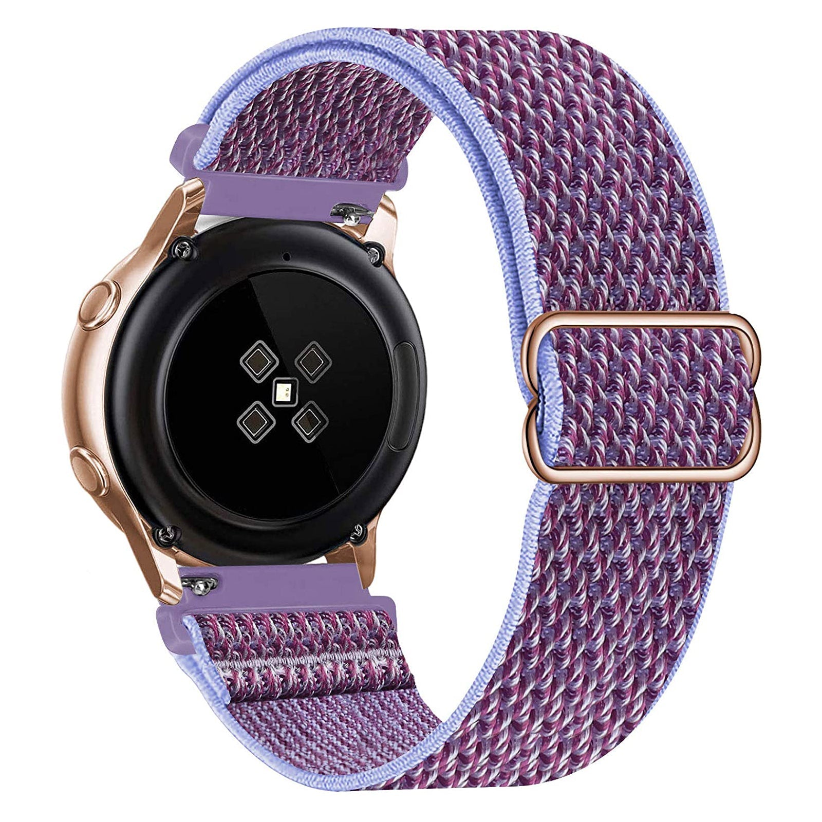 Rose gold smartwatch with burgundy purple woven loop band and adjustable buckle closure