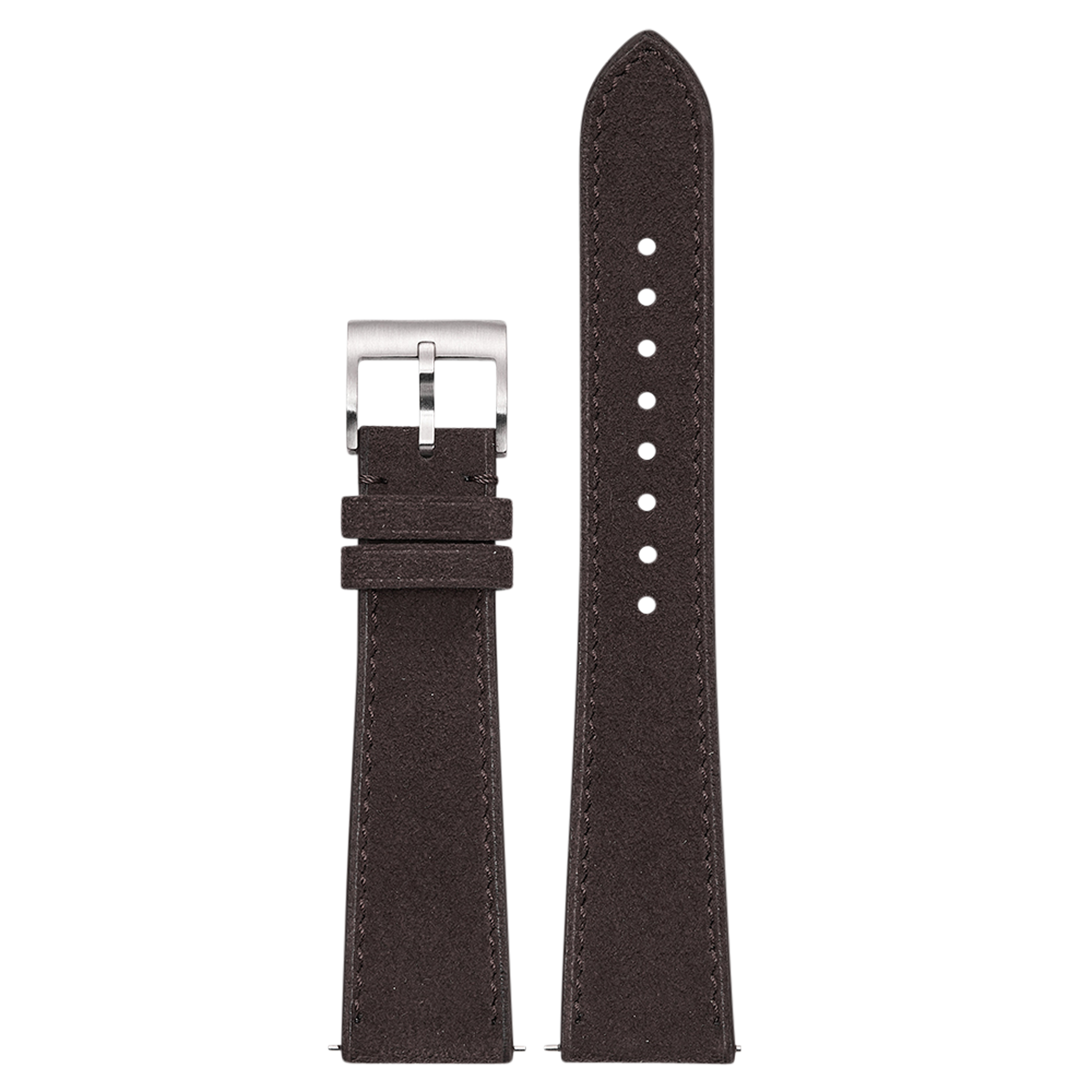 Dark brown Alcantara leather QuickFit watch band 20mm with silver buckle and adjustment holes