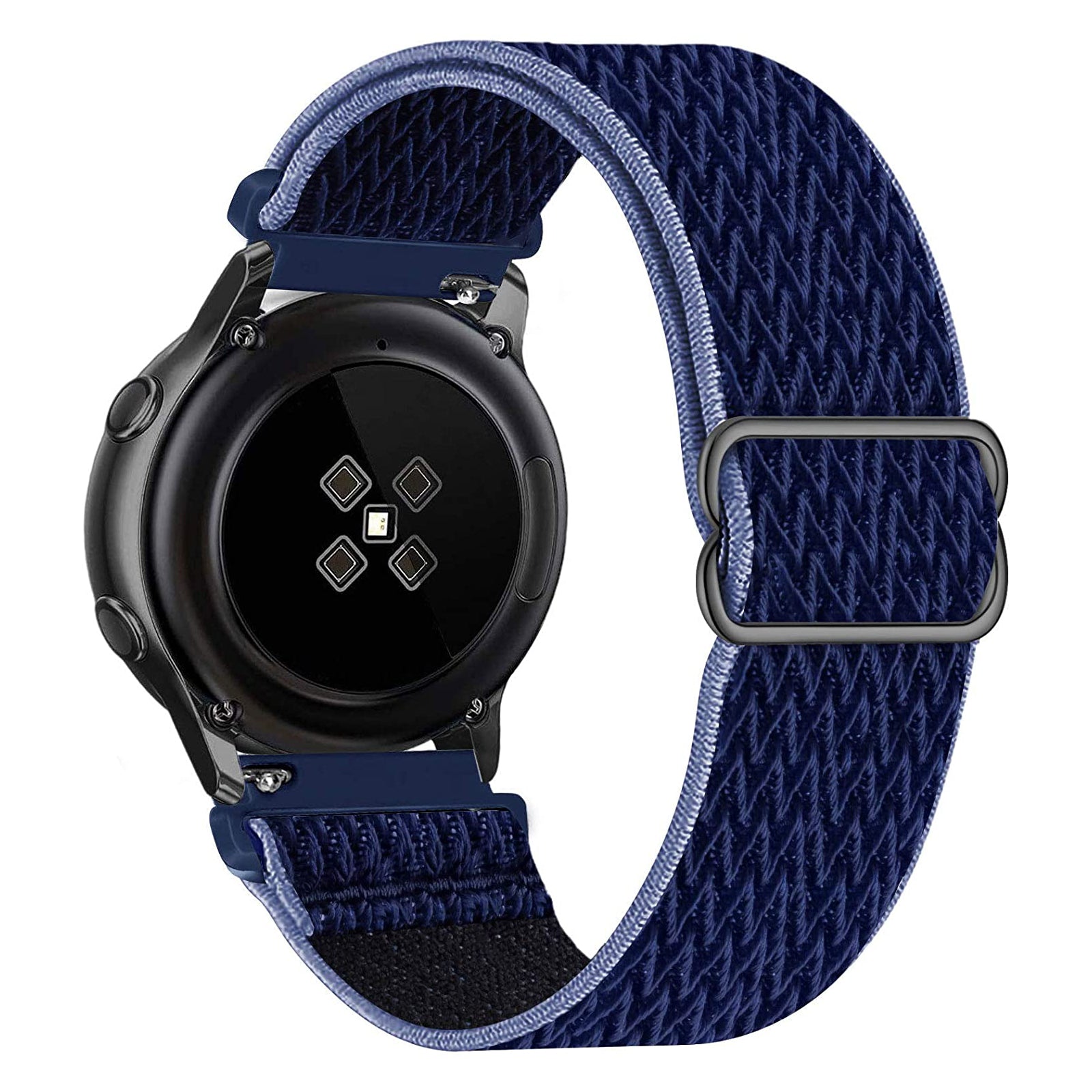 Black smartwatch with navy woven loop band and quick release buckle closure