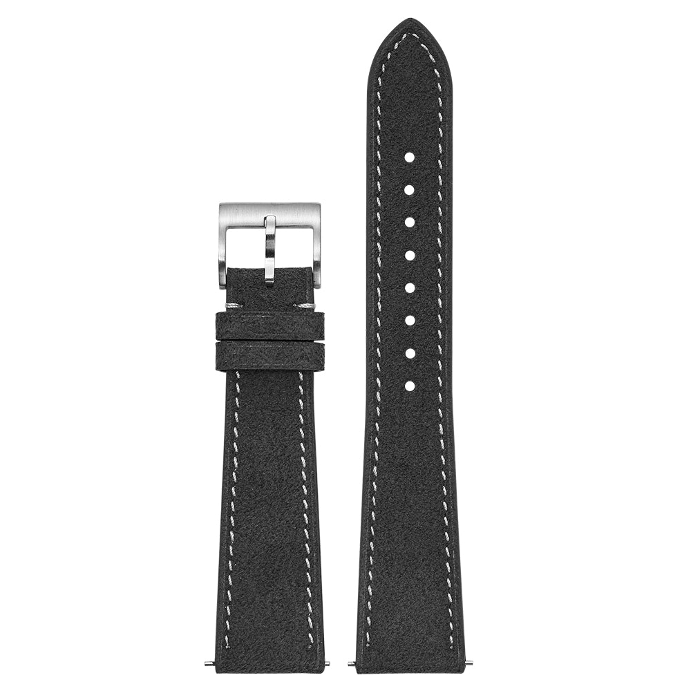 Black alcantara leather watch strap with white stitching and stainless steel buckle, 20mm width
