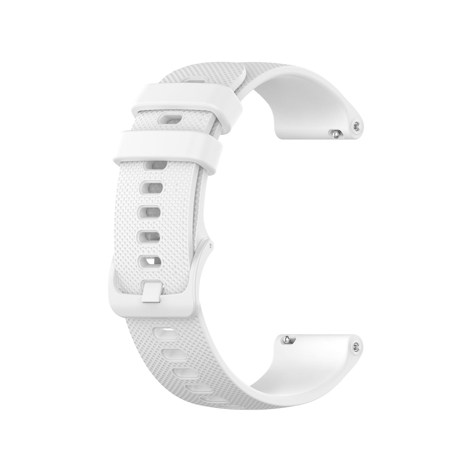 White silicone quick release smartwatch band with textured grip, adjustable fit and secure buckle closure