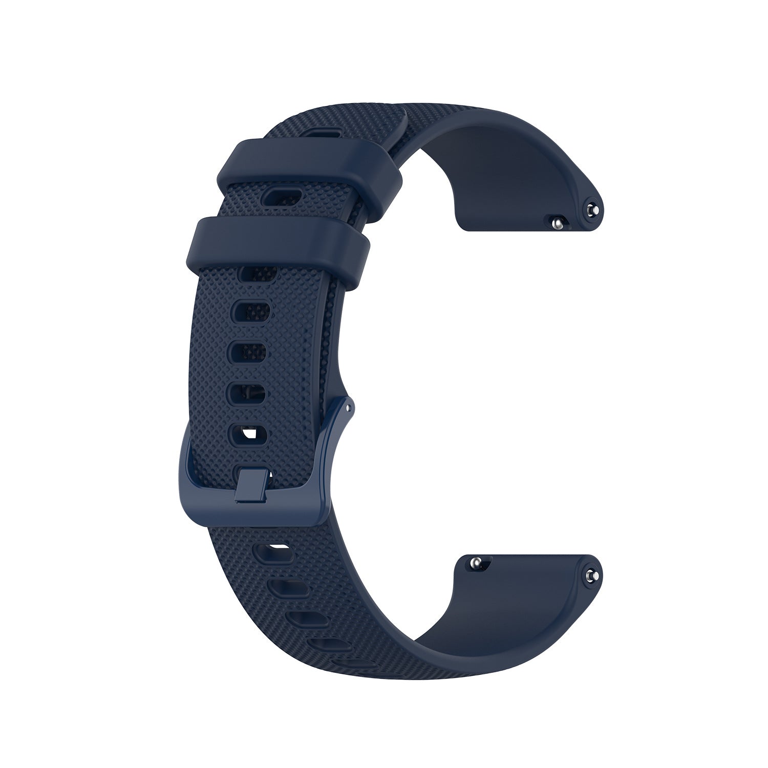Navy blue silicone quick release watch band with textured strap and adjustable buckle closure
