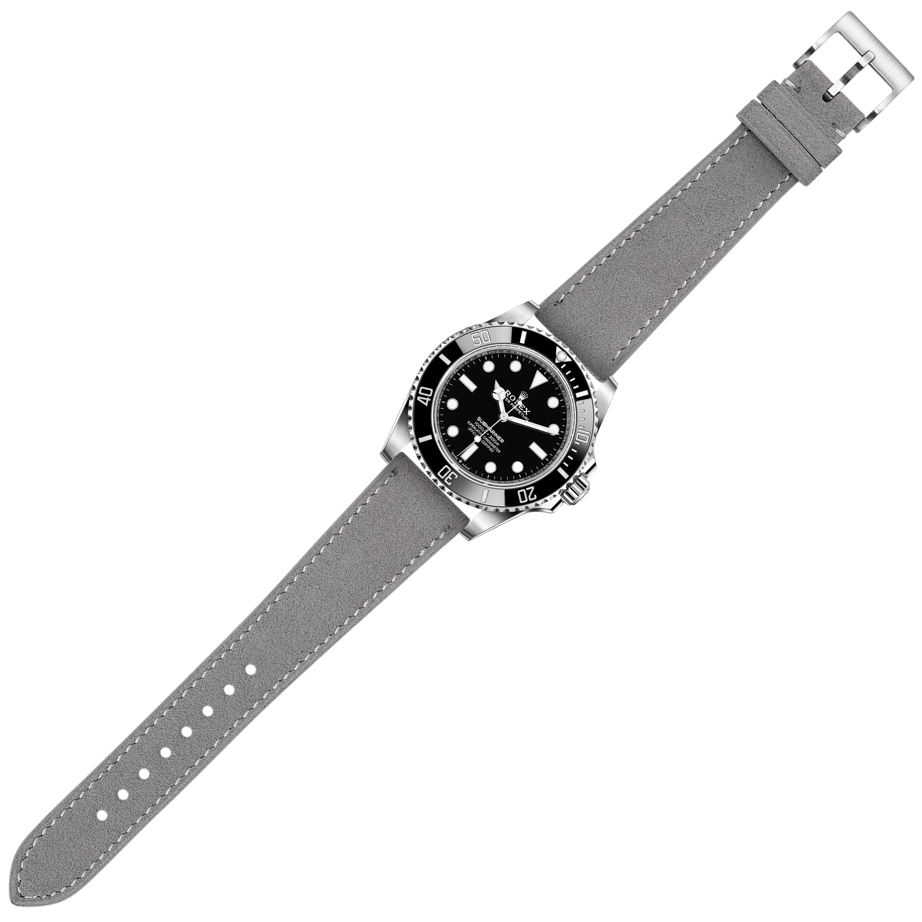 Luxury dive watch with black dial and bezel on grey Alcantara leather strap with white stitching and quick release buckle