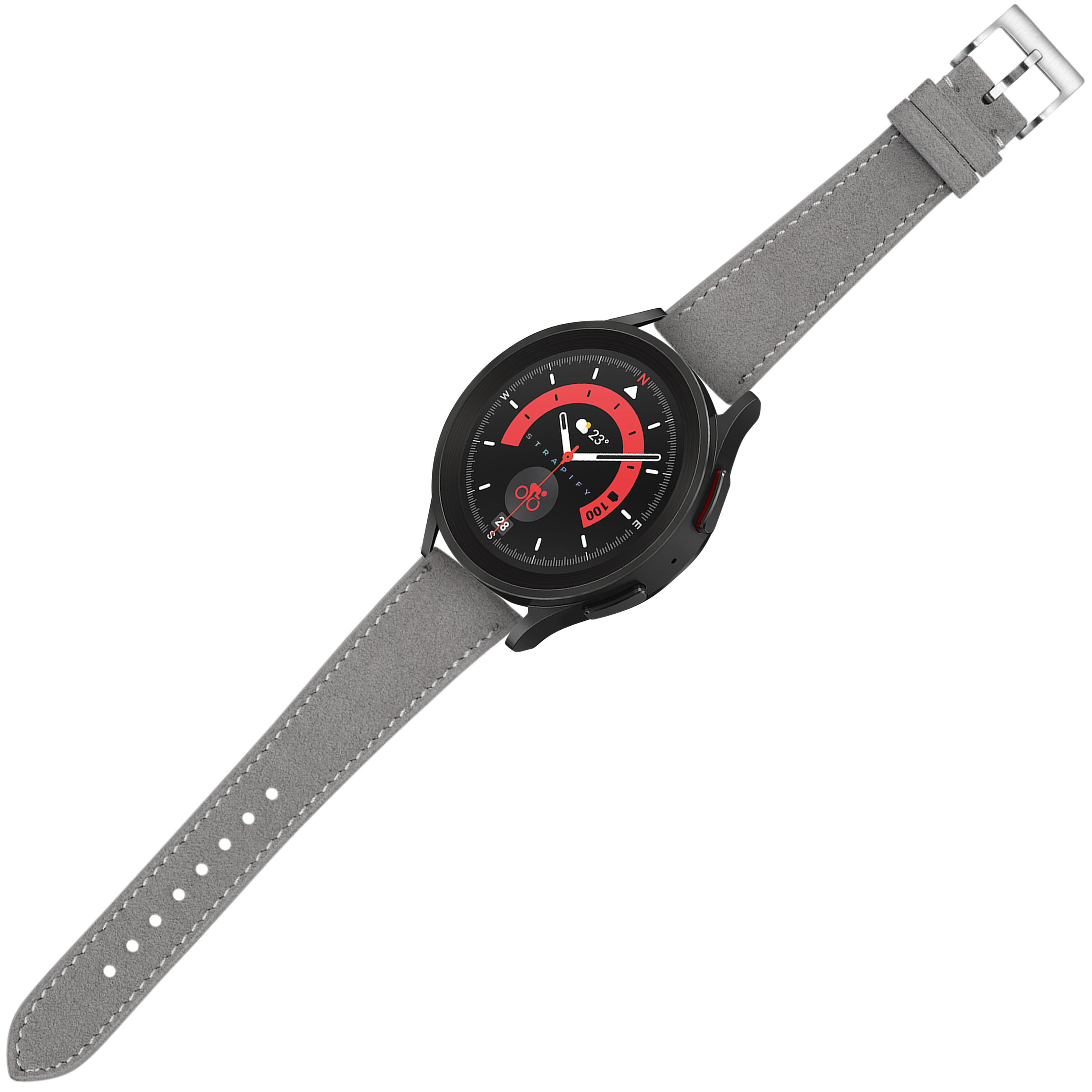 Black smartwatch with red dial and grey alcantara leather strap featuring white stitching and quick release buckle