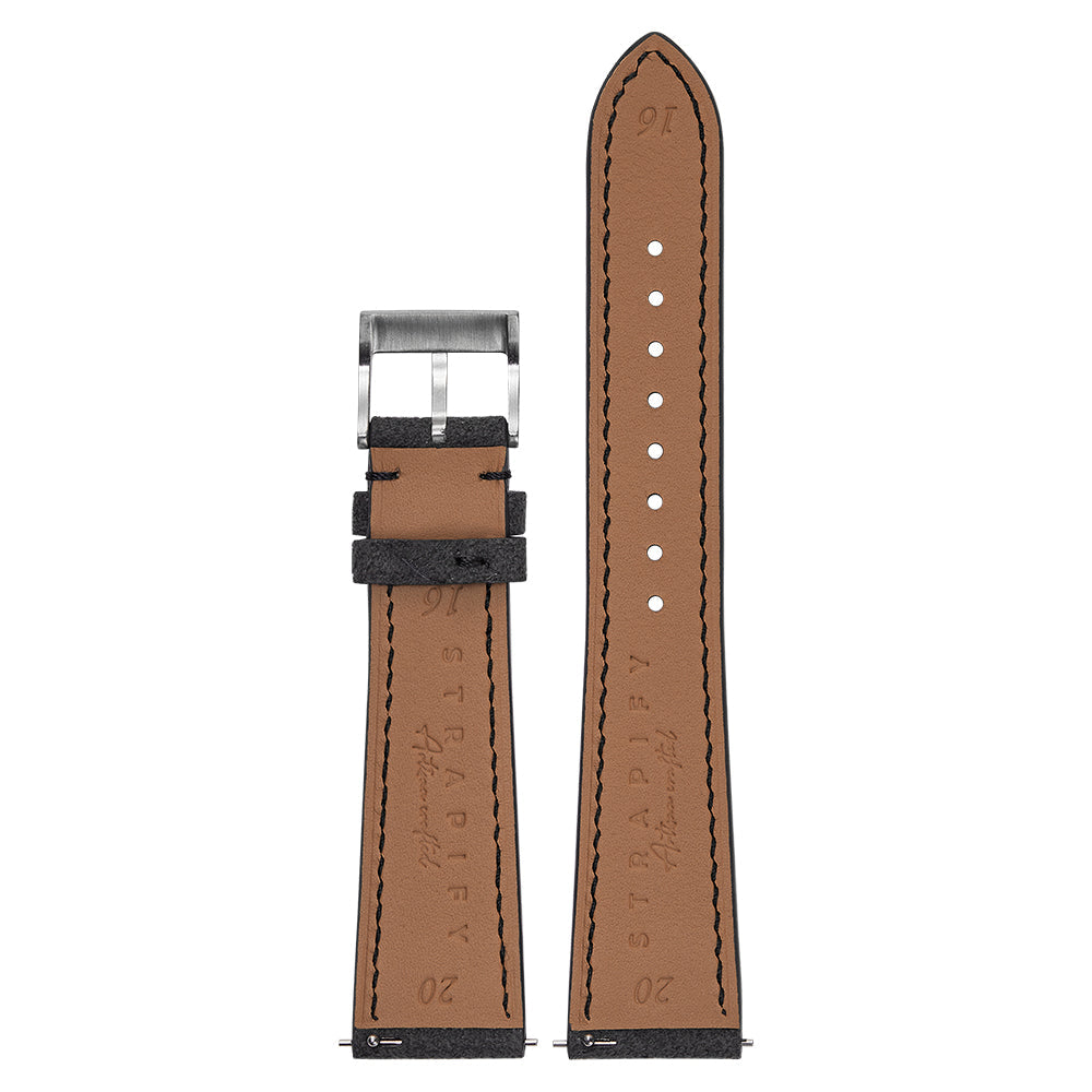 Quick release watch strap with tan leather and dark grey Alcantara material, silver buckle, and contrast stitching