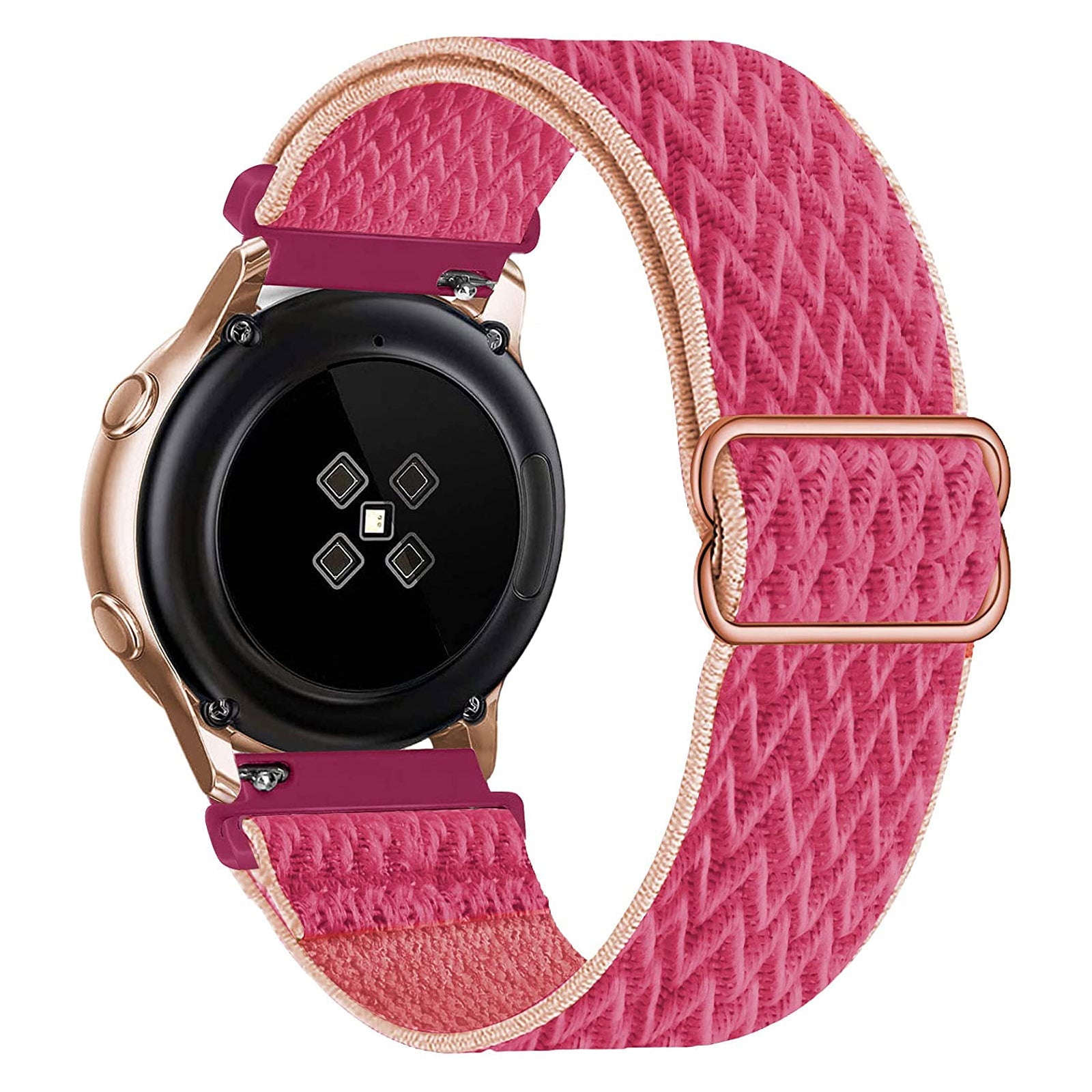 Smartwatch with rose gold case, black dial, and pink woven loop band with rose gold buckle closure