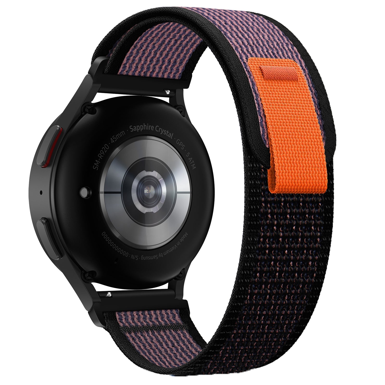 Black smartwatch with sapphire crystal display and colorful trail loop band featuring purple stripes, orange panel, and black mesh material