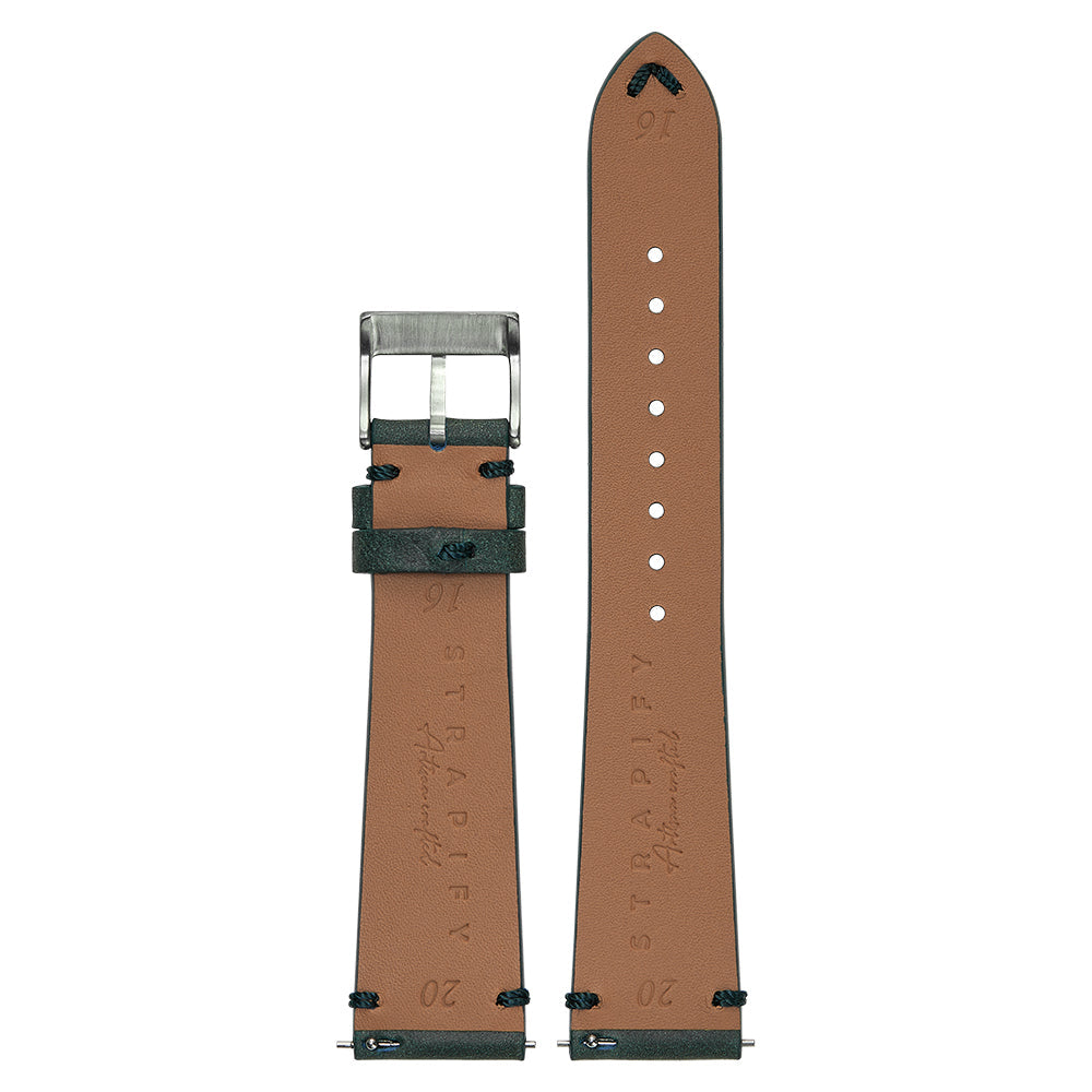 Vintage crazy horse leather watch band with quick release, tan and blue-green color, metal buckle and adjustment holes