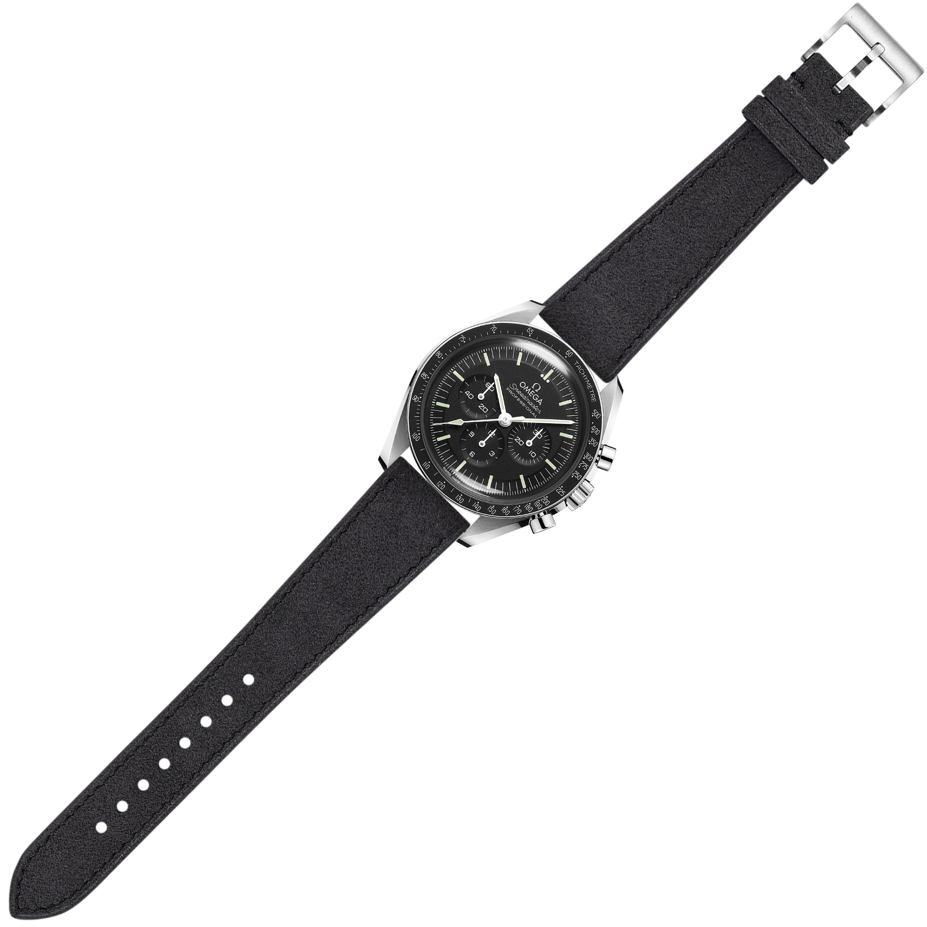 Dark grey Alcantara leather quick release watch strap with stainless steel buckle and chronograph timepiece