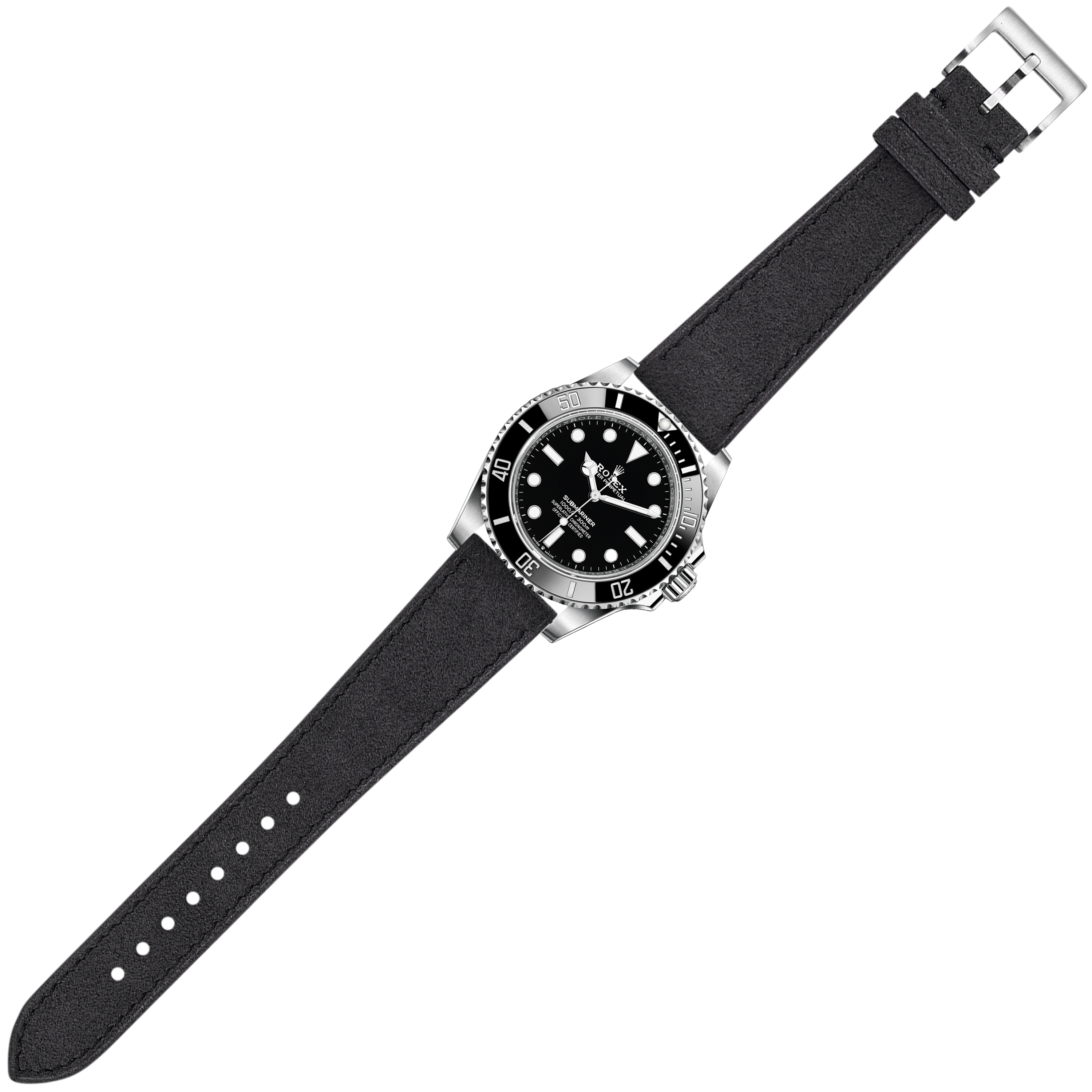 Black dive watch with stainless steel case and black dial on dark grey Alcantara leather quick release strap