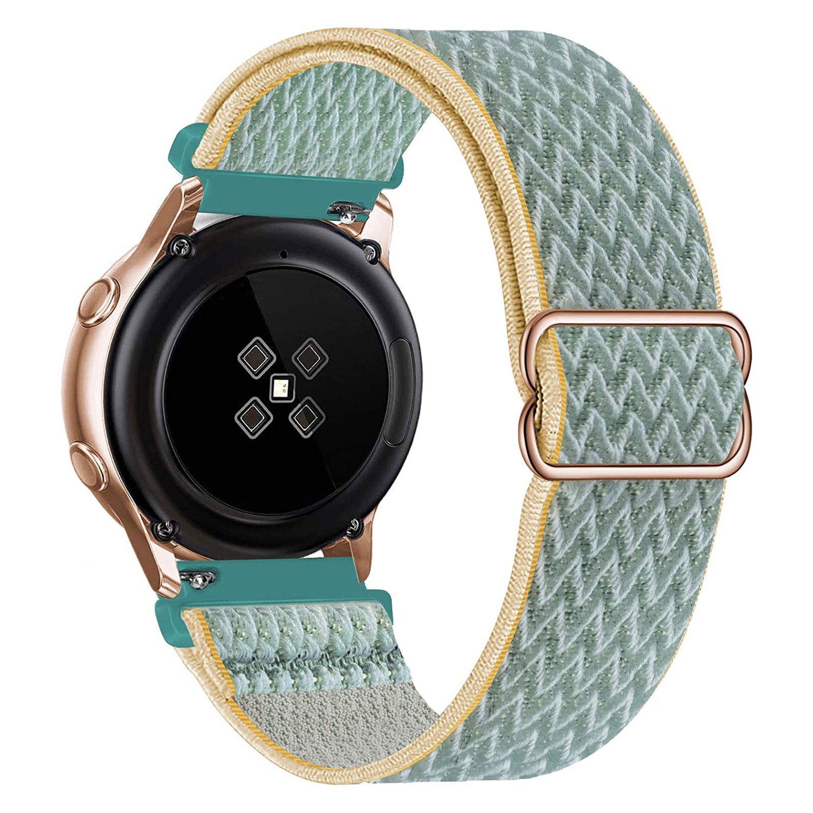 Smartwatch with rose gold case and woven fabric loop band in sage green and cream with quick release clasp