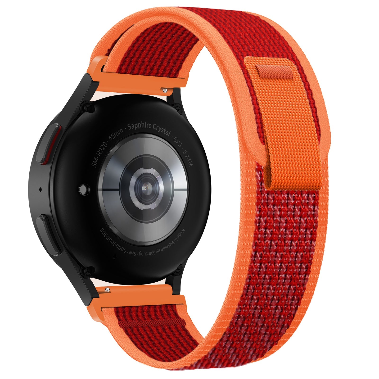 Black smartwatch with sapphire crystal display and orange-red trail loop quick release fabric band