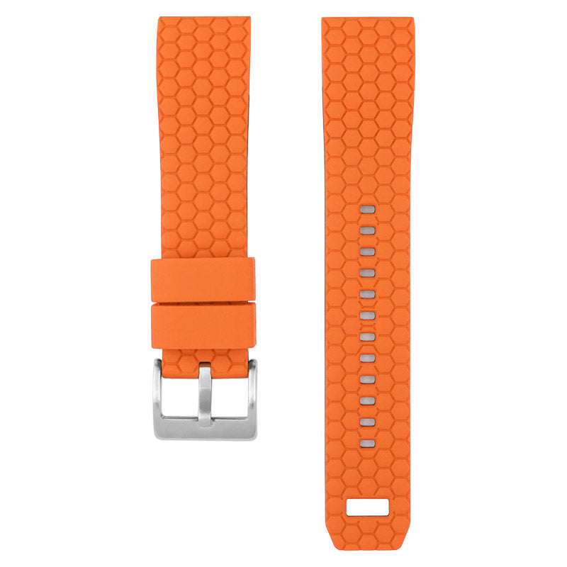 Orange hexagon silicone quick release watch band with gray buckle and adjustment holes
