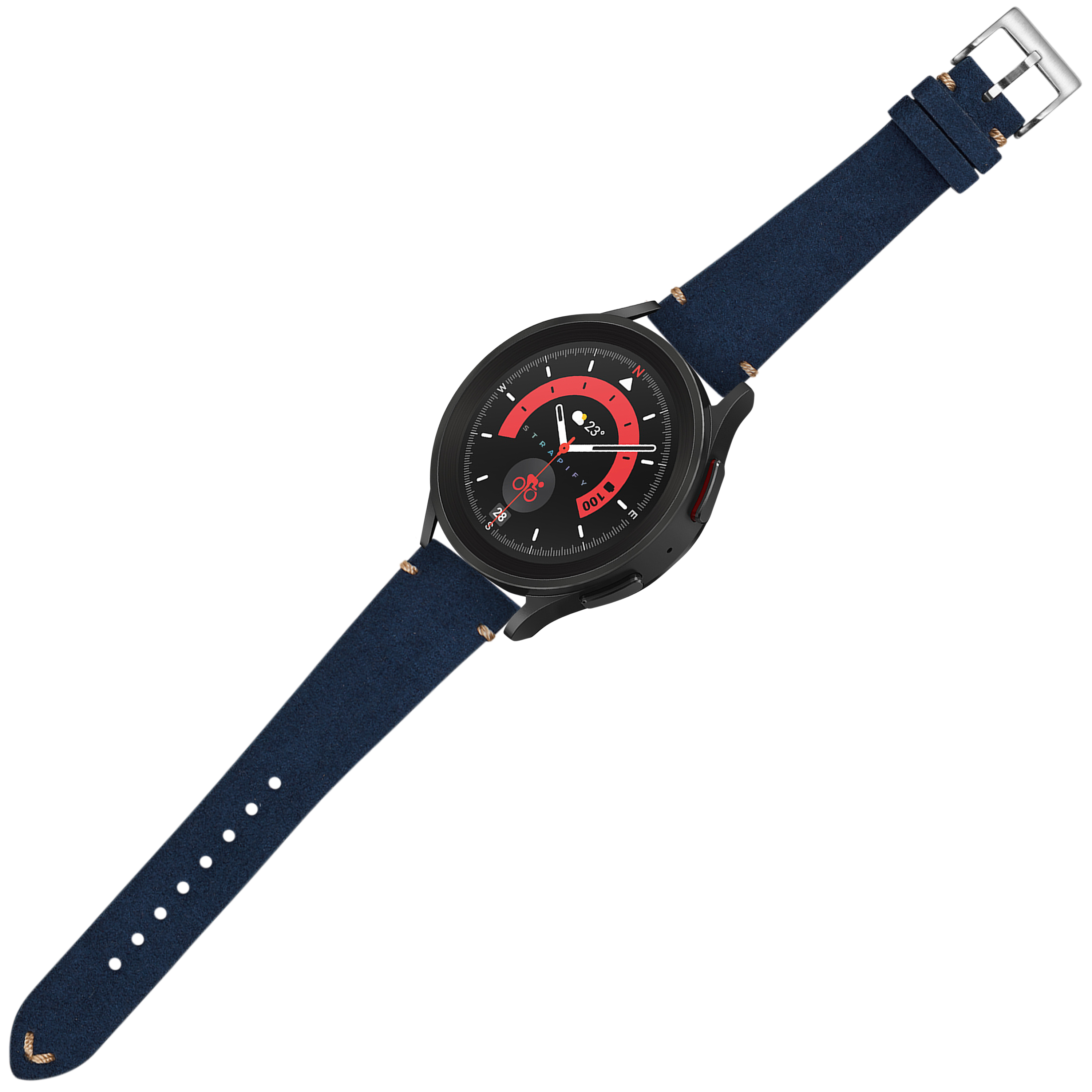 Black smartwatch with red accent dial, navy blue Alcantara leather quick-release band and silver buckle