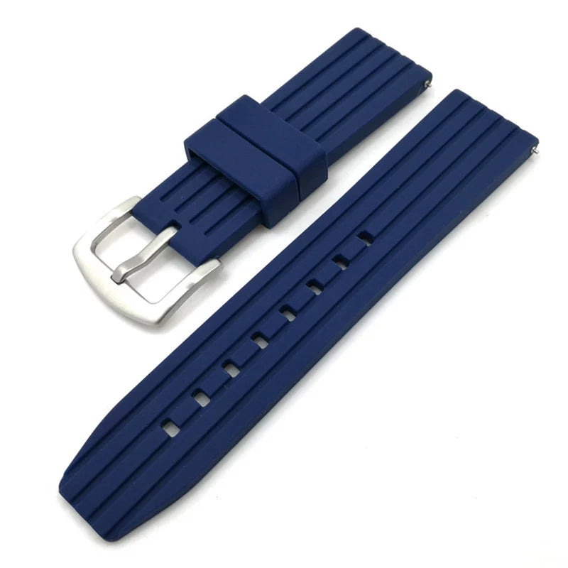 Navy blue silicone quick release watch band with buckle and grooved texture design