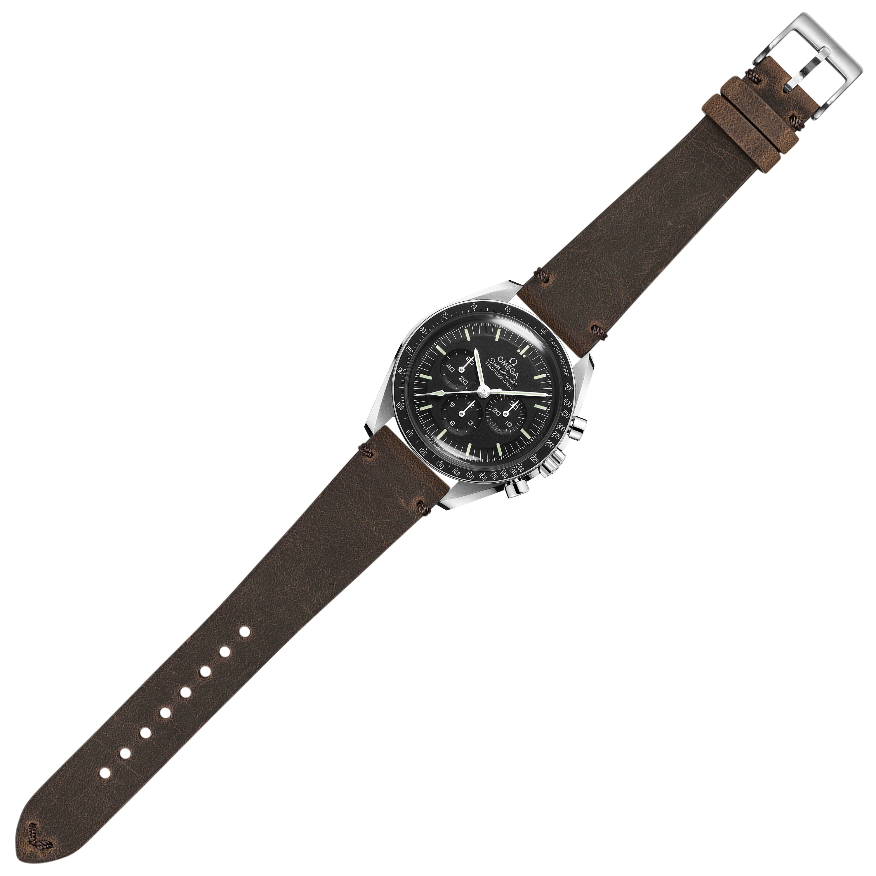 Stainless steel chronograph watch with black dial and brown leather quick-release strap with vintage patina finish