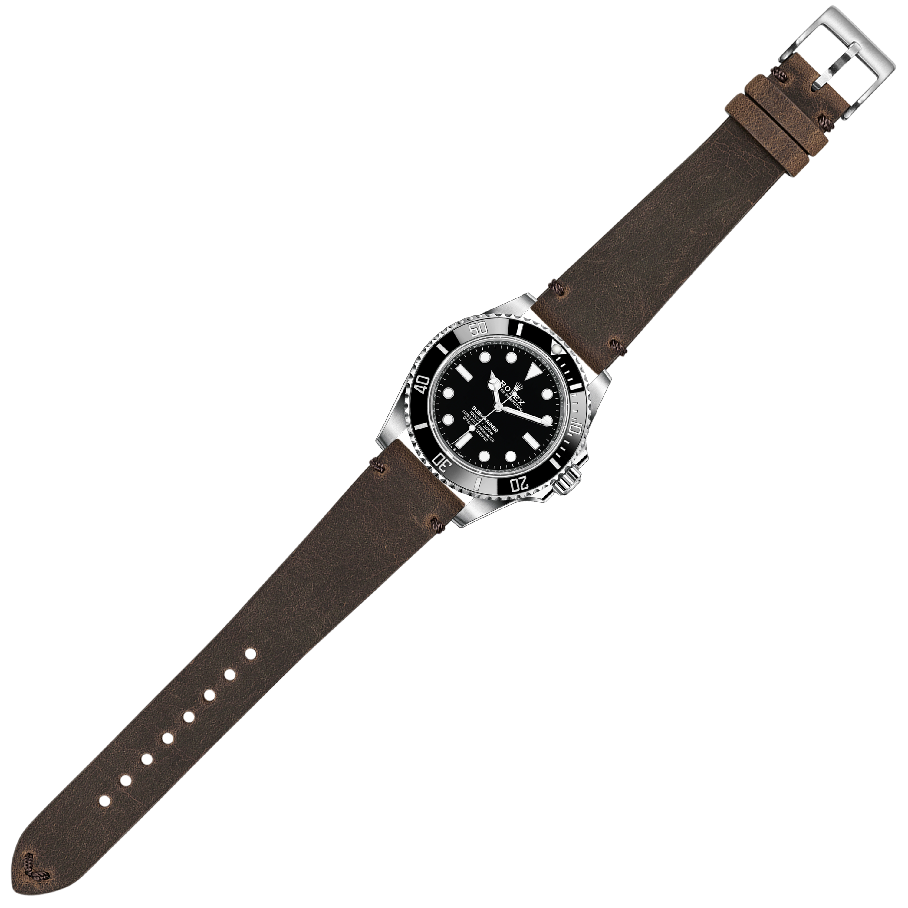 Stainless steel dive watch with black dial and rotating bezel on vintage brown crazy horse leather quick release strap