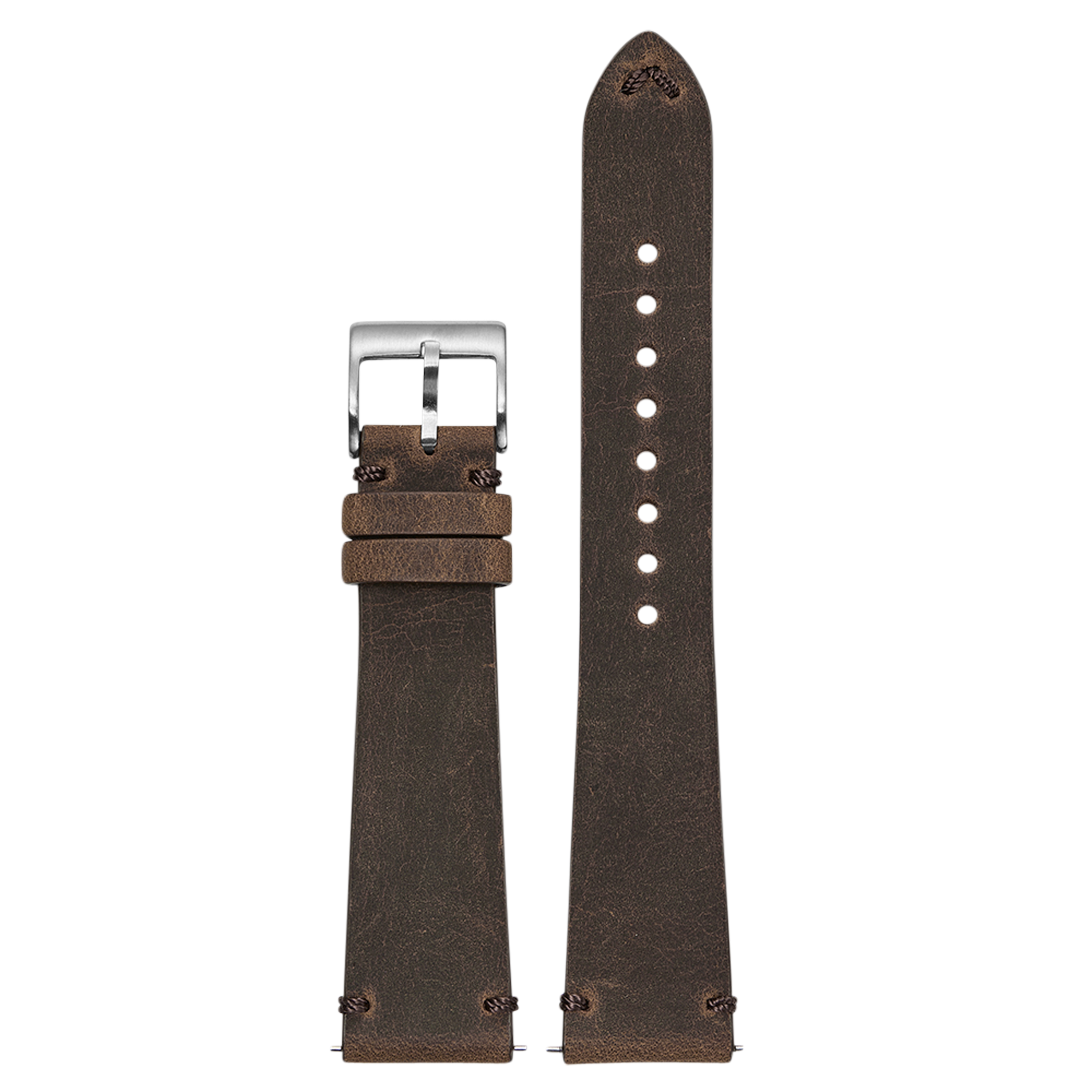 Brown vintage crazy horse leather quick release watch strap with silver buckle and white stitching holes