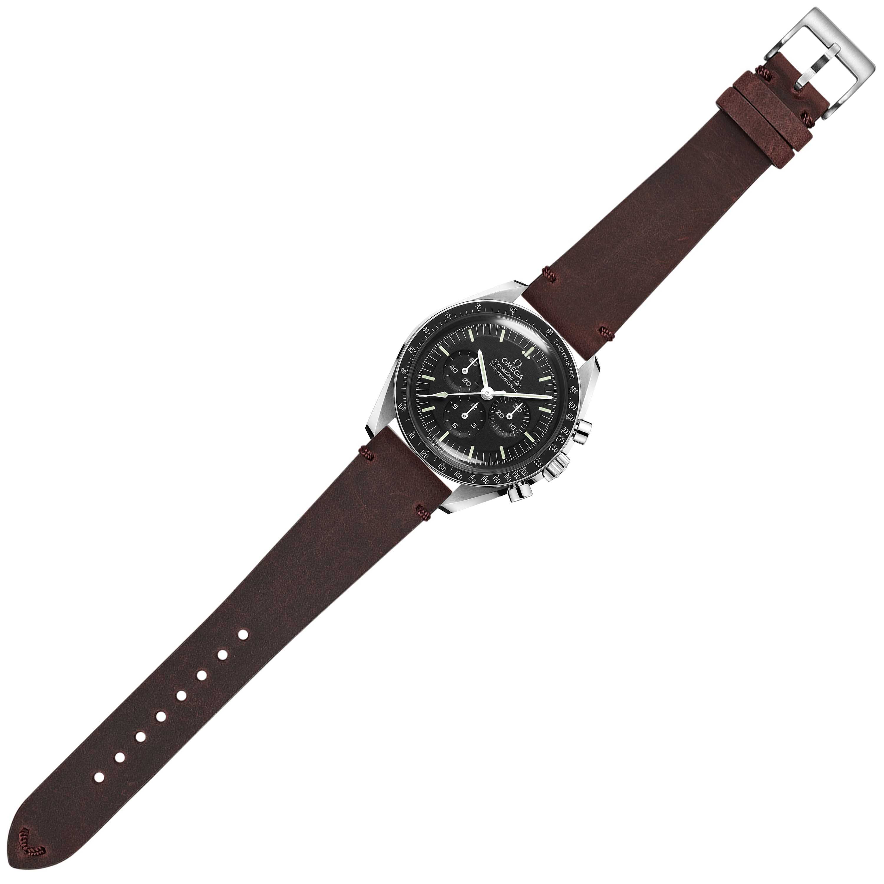 Omega Speedmaster chronograph watch with stainless steel case, black dial, and dark red vintage crazy horse leather quick release strap
