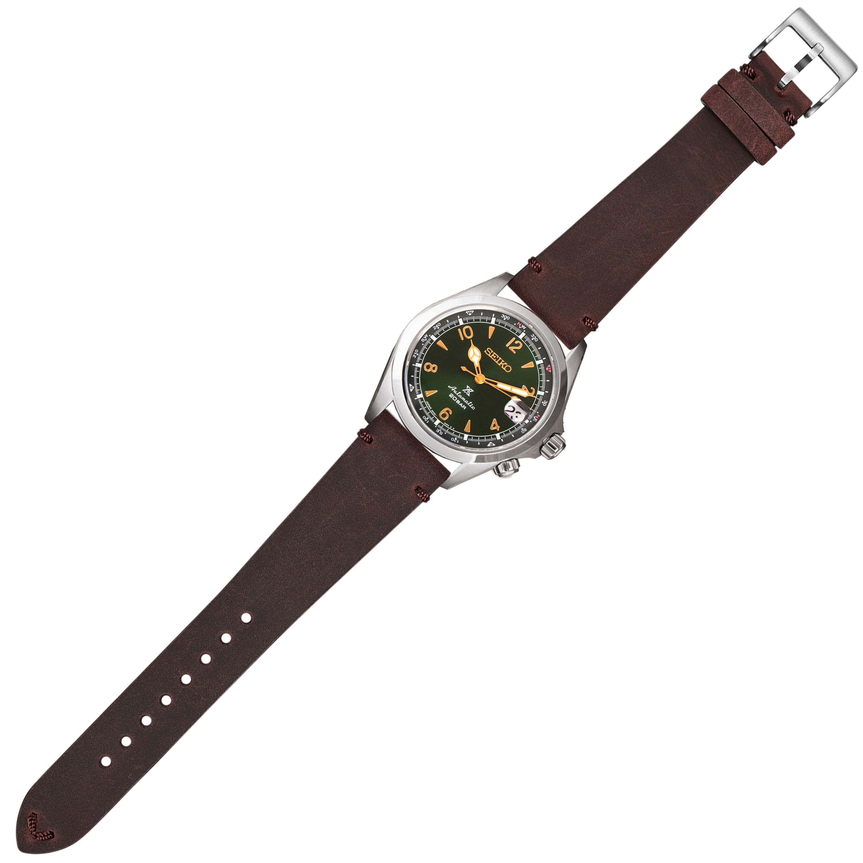 Seiko field watch with dark green dial, gold numerals, and dark red brown leather quick release strap
