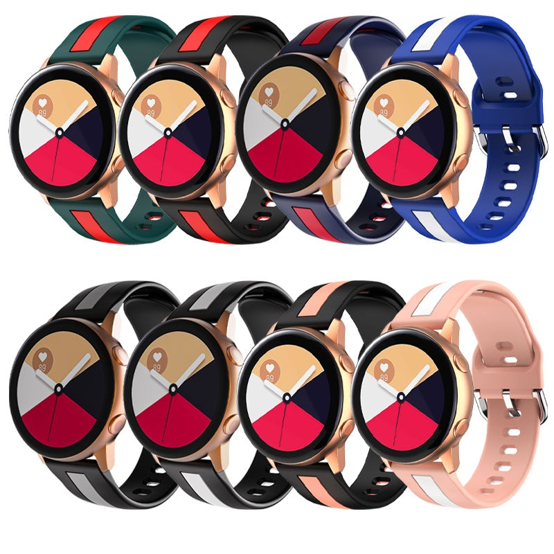 Quick release striped silicone smartwatch bands in multiple colors including green, black, navy, and pink with rose gold watch cases