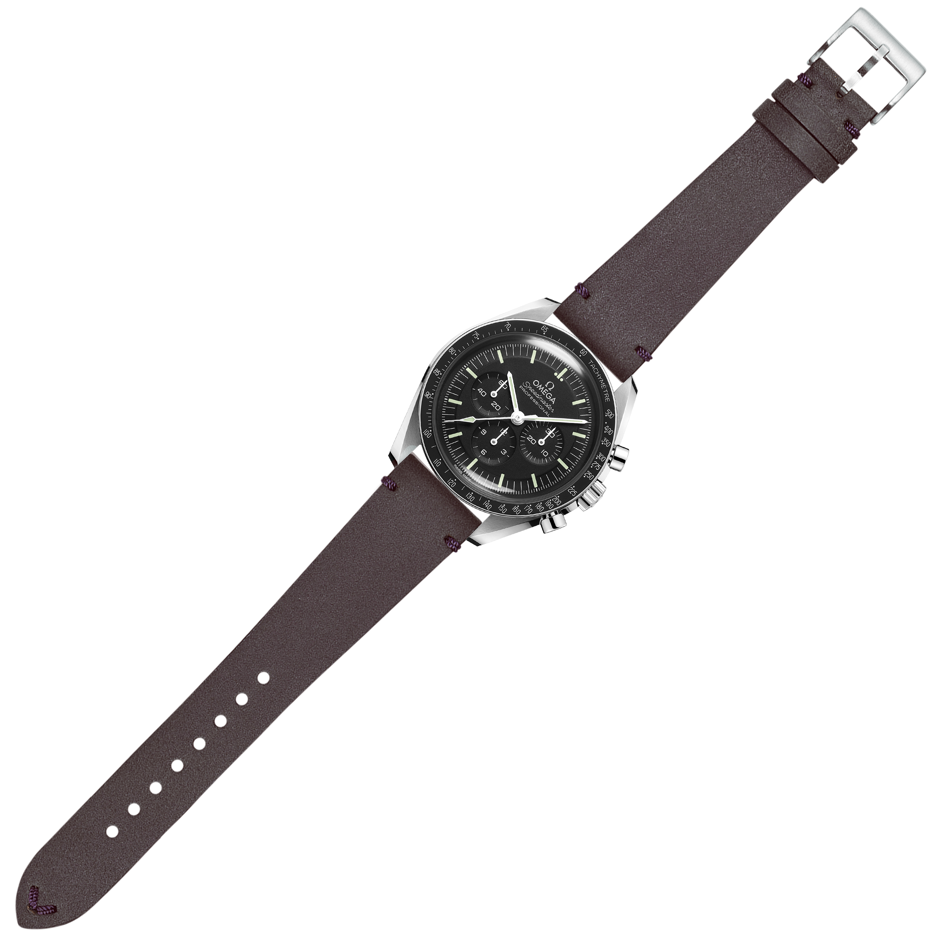 Stainless steel chronograph watch with black dial and dark brown leather strap featuring violet stitching and quick release buckle