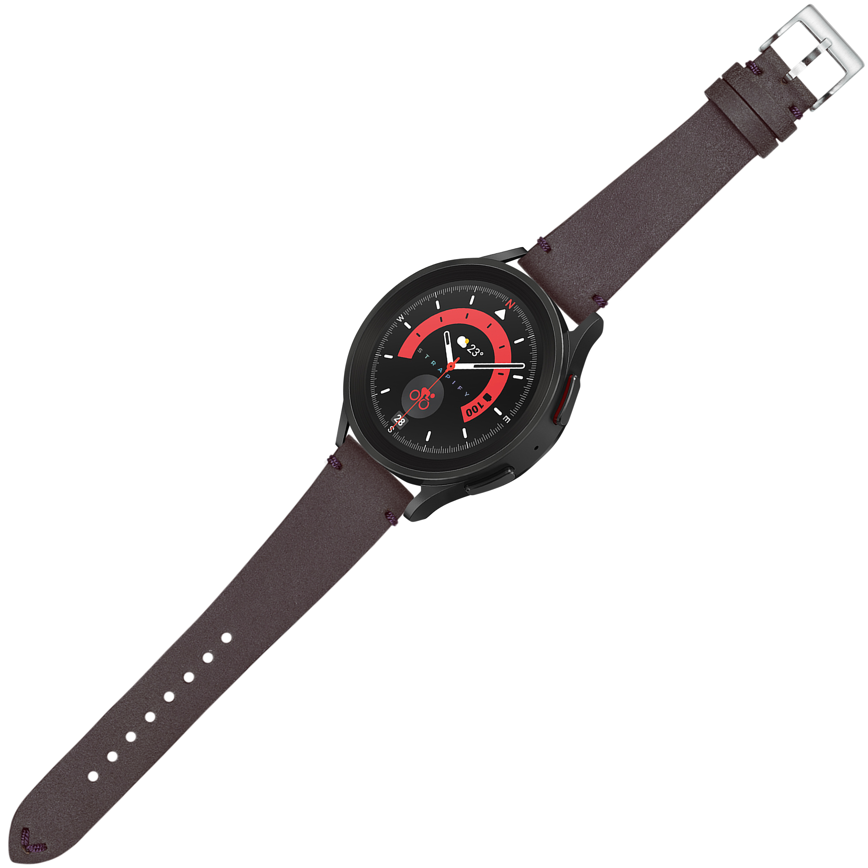 Black smartwatch with red dial and dark brown leather quick release strap with silver buckle