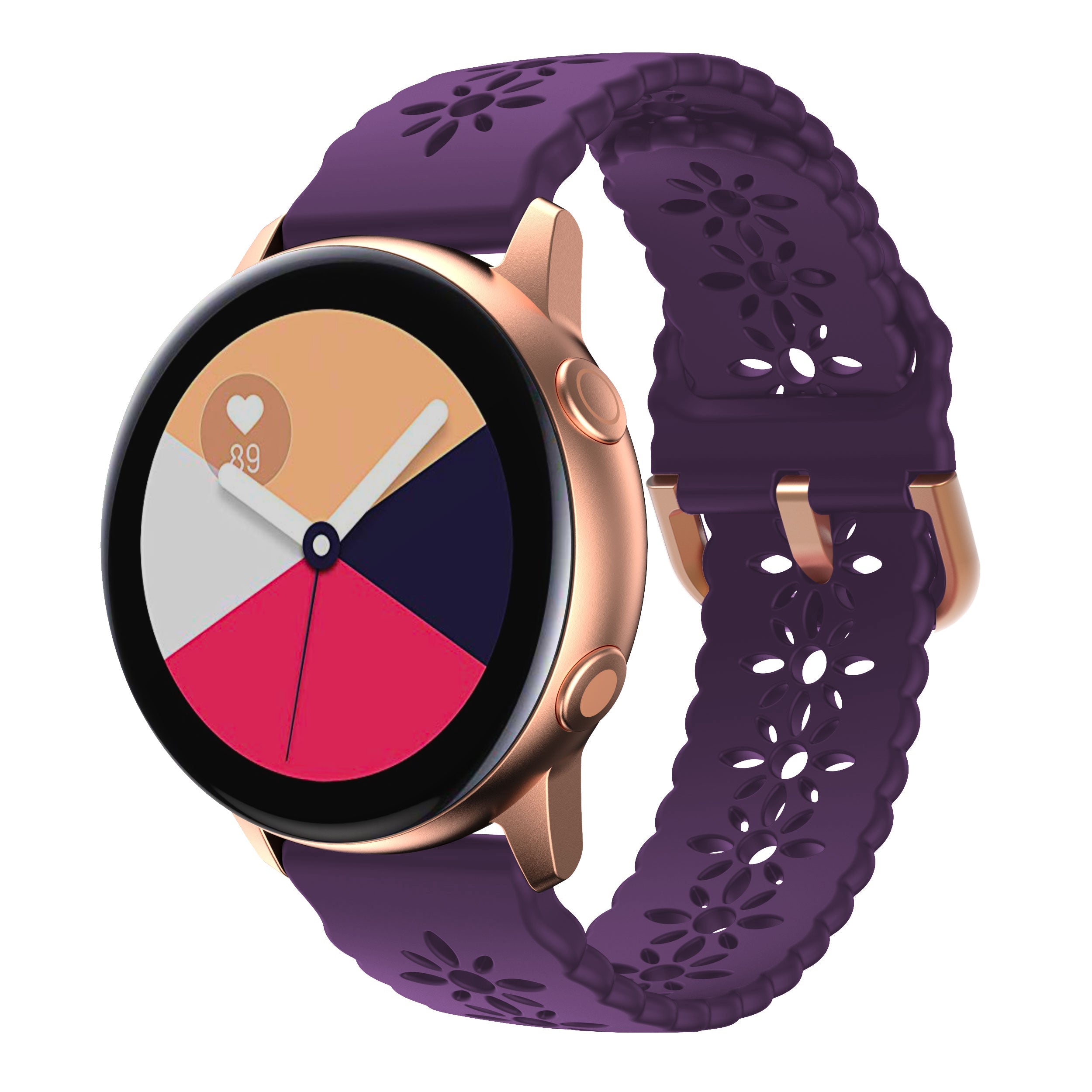 Rose gold smartwatch with colorful pie chart display and purple floral silicone band with quick release mechanism