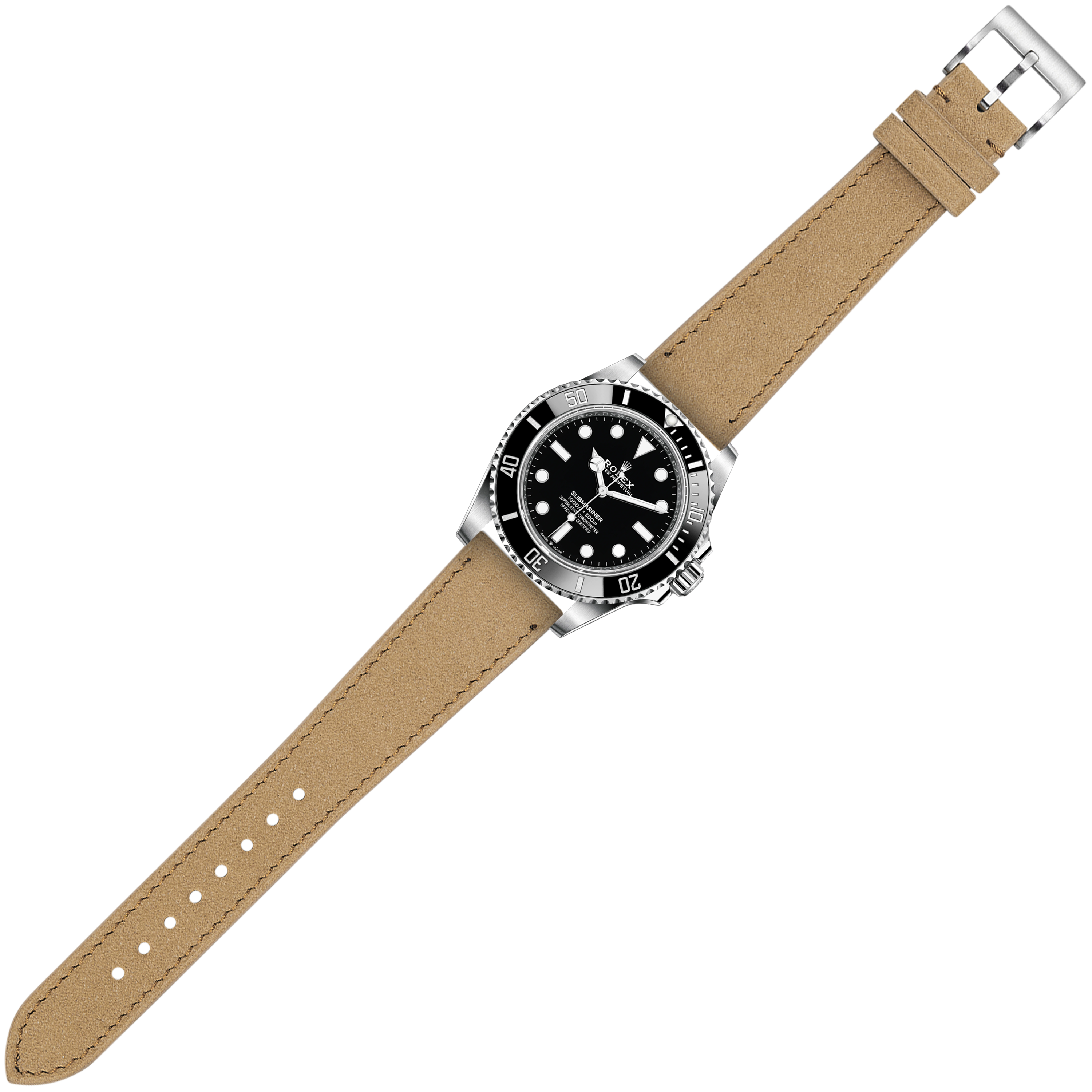 Stainless steel dive watch with black dial on tan Alcantara leather quick release strap