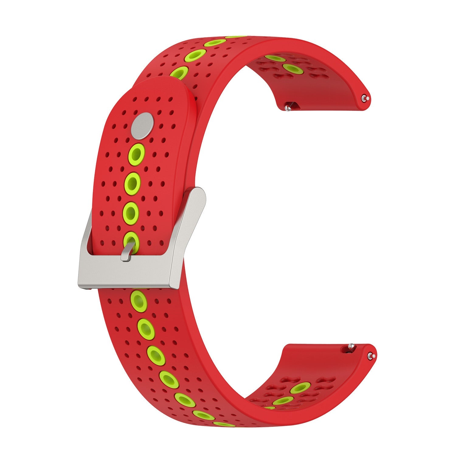Red silicone sports watch band with neon yellow vents, perforated design, and silver quick-release buckle clasp