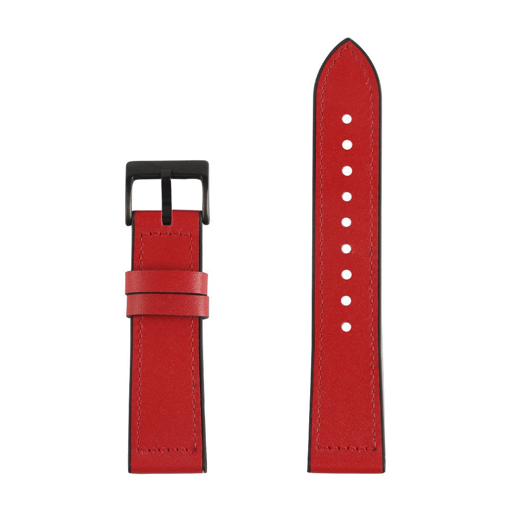 Red leather hybrid quick release watch band with black buckle and white stitching detail