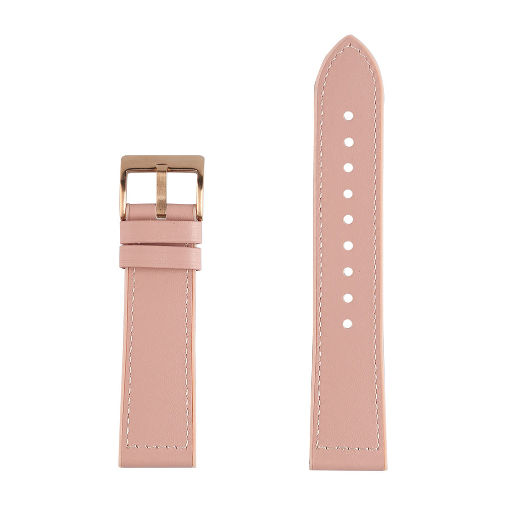 Pink leather hybrid quick release watch band with rose gold buckle and white contrast stitching