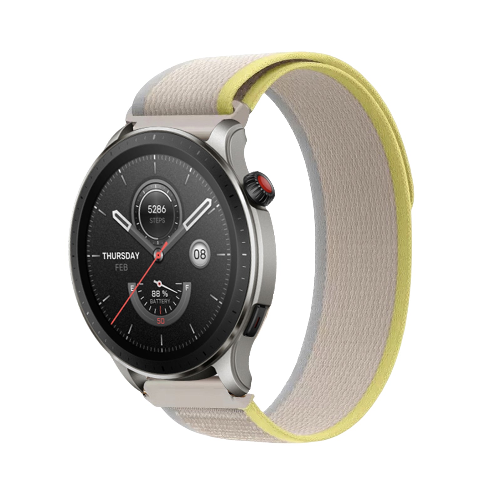 Quick Release Trail Loop watch band in beige and yellow nylon fabric with black smartwatch face displaying steps and battery percentage