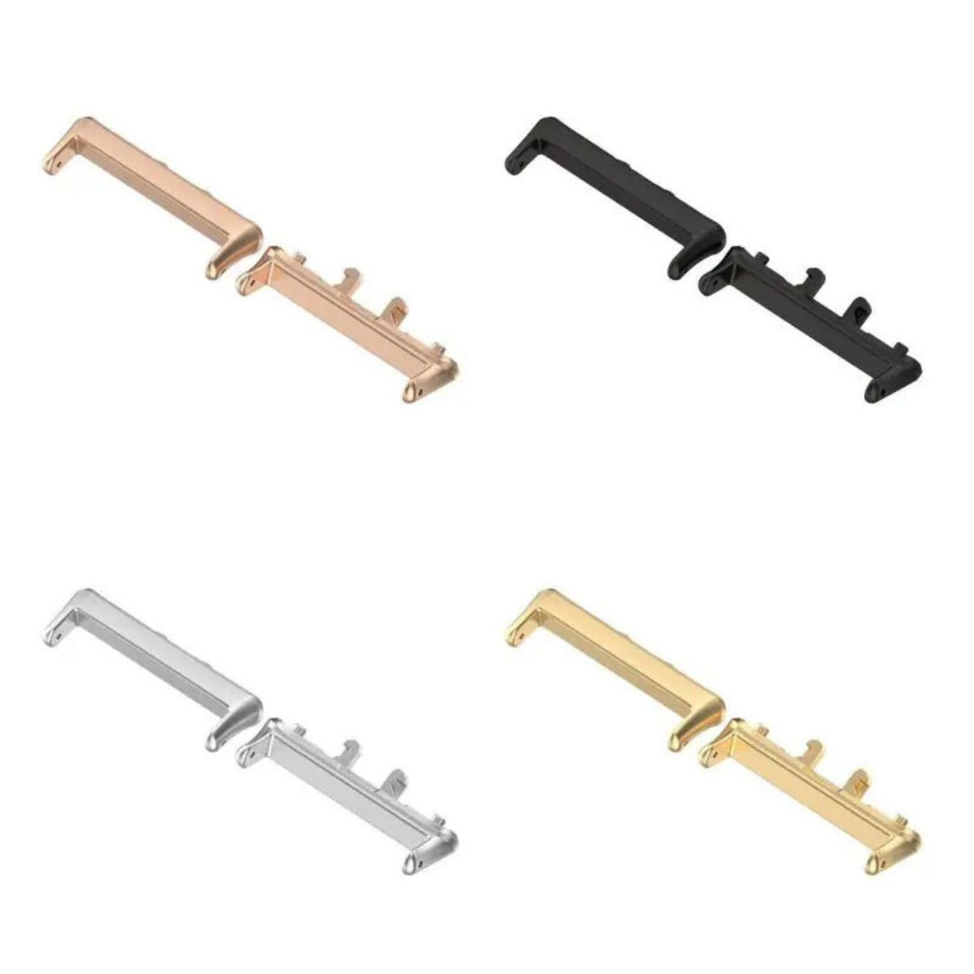 Galaxy Fit3 strap adapters in rose gold, black, silver and gold finishes