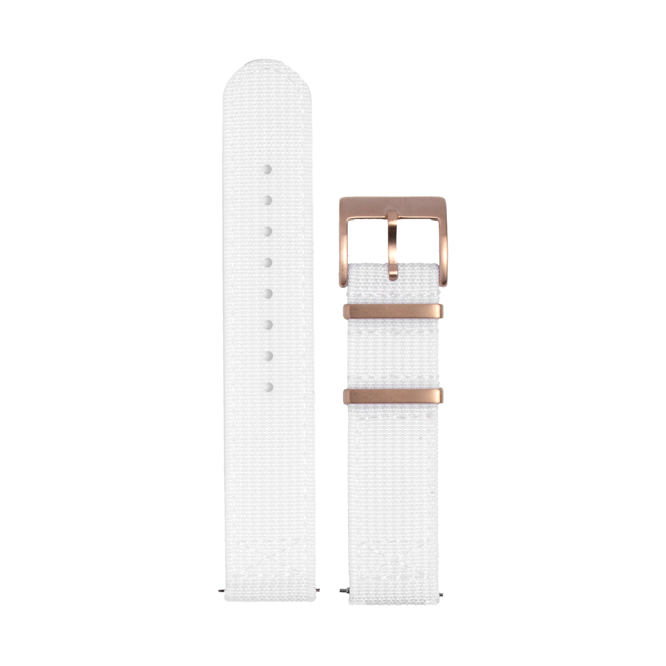 White Alpha Militex QuickFit watch band with rose gold buckle and keeper rings