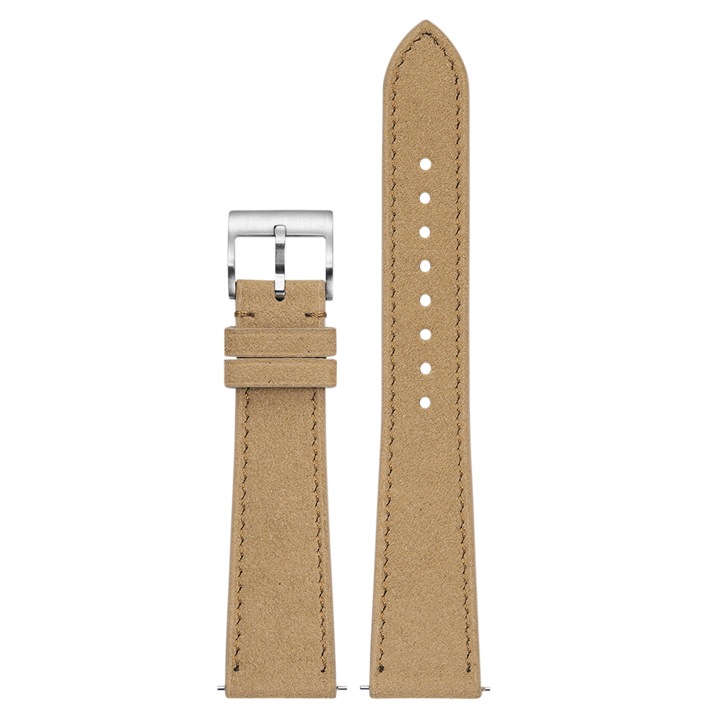 Tan Alcantara leather watch strap 20mm with stainless steel buckle and white stitching detail