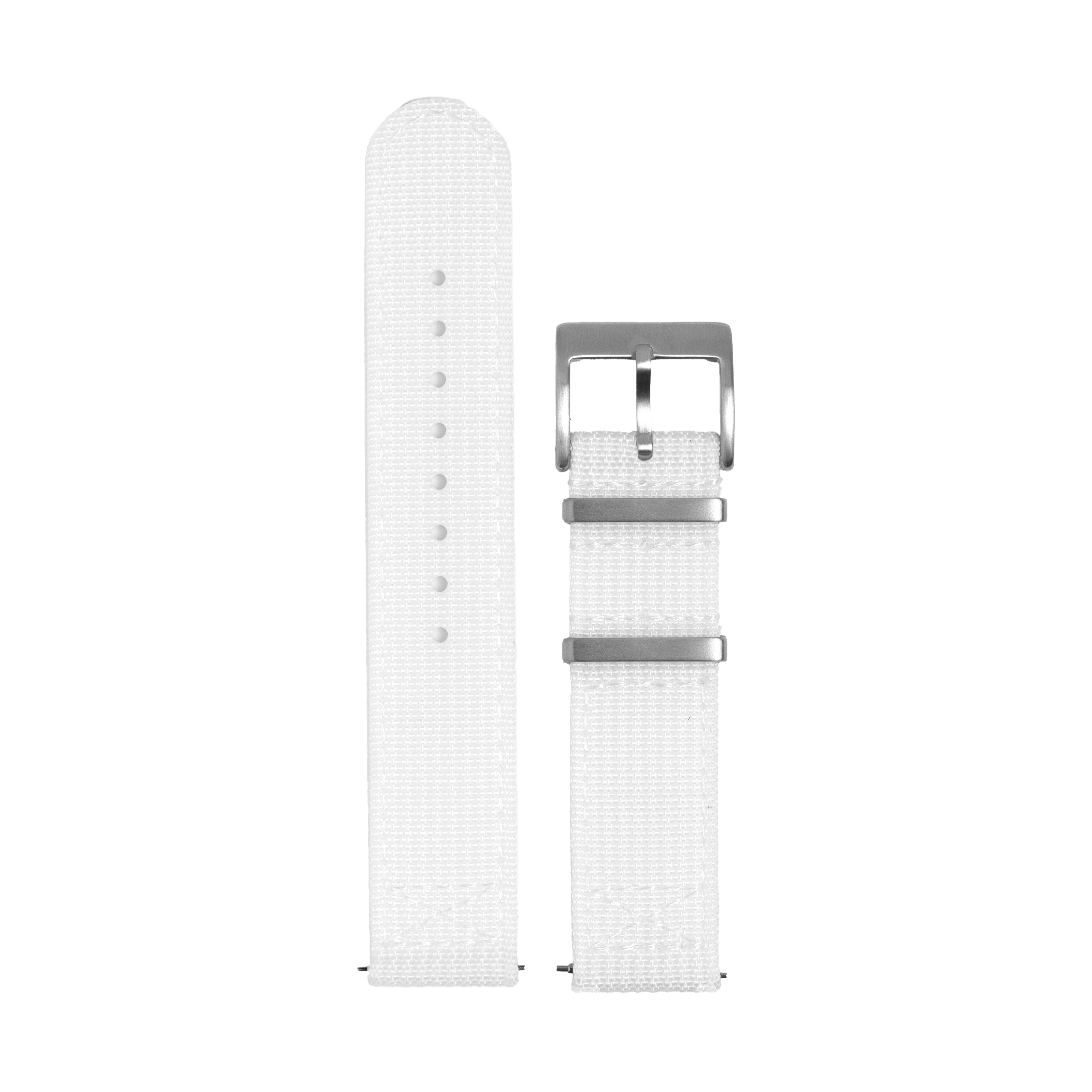 White Militex fabric watch strap with QuickFit system, stainless steel buckle and adjustment holes